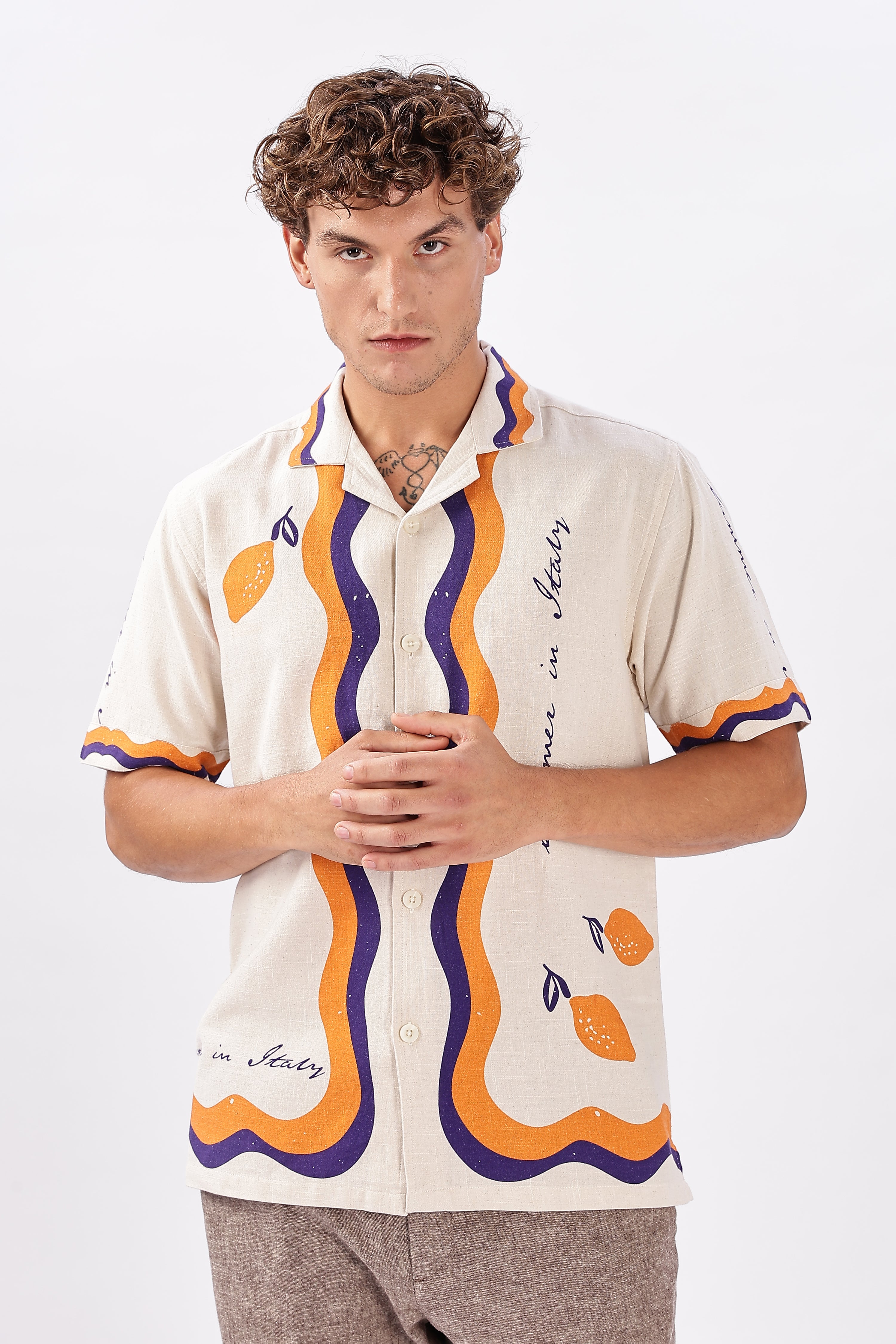 Retro Cuban Collar Shirt with Tangerine & Violet Waves
