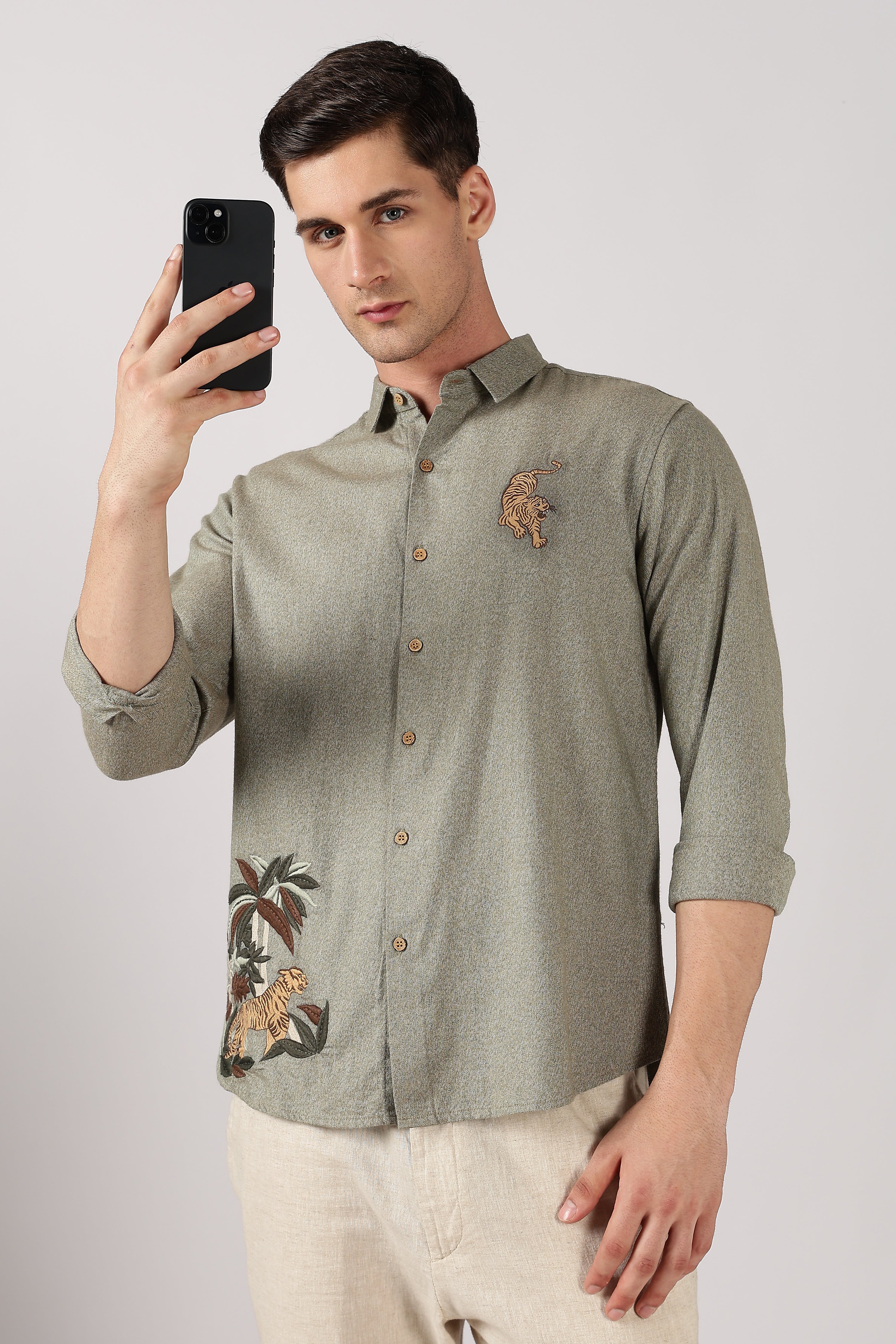 Jungle Roar Cotton Regular Fit Sage Green Embroidered Shirt