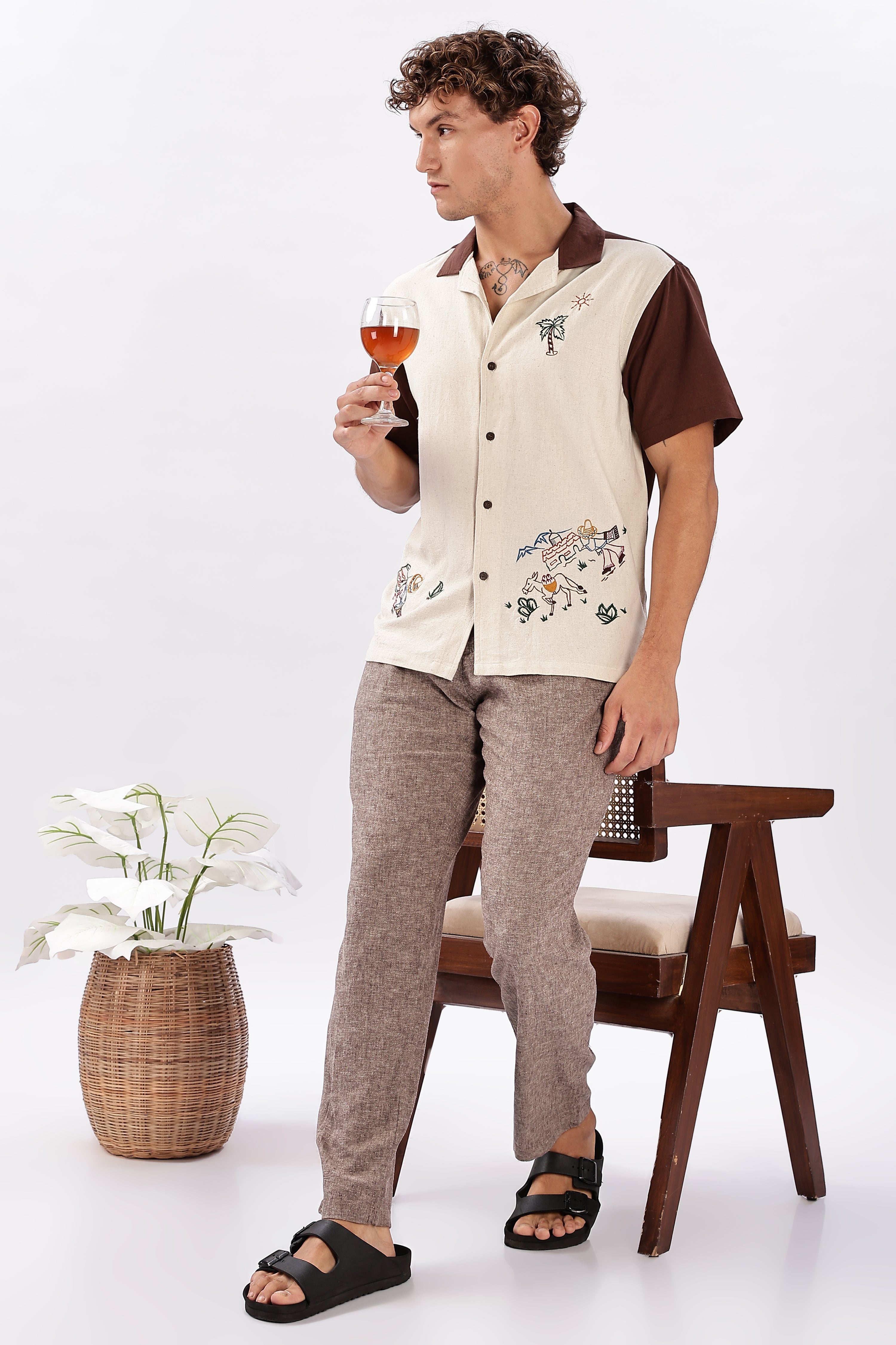 Desert Fiesta Box Fit Beige Half Sleeve Embroidered Shirt