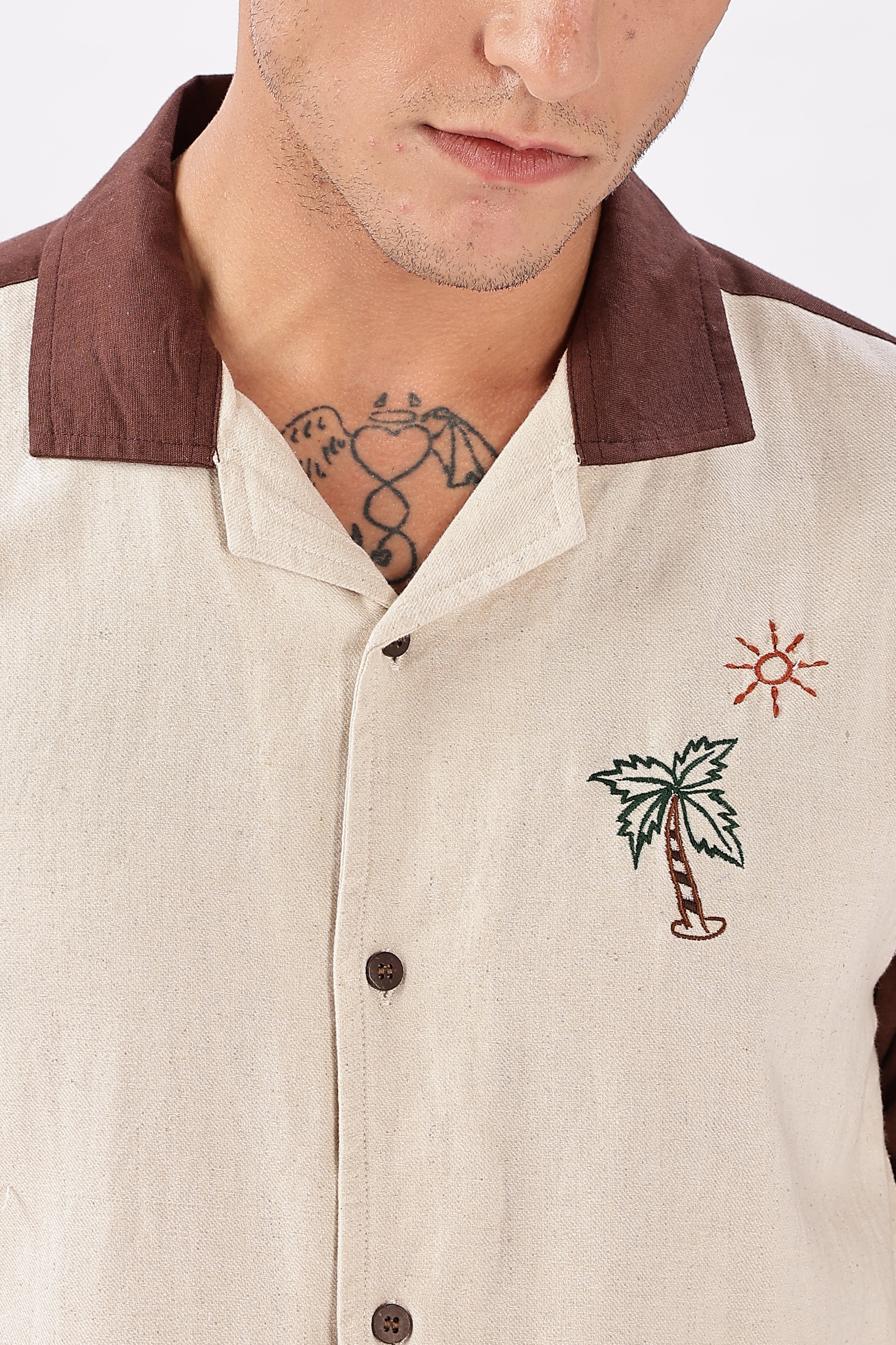 Desert Fiesta Box Fit Beige Half Sleeve Embroidered Shirt