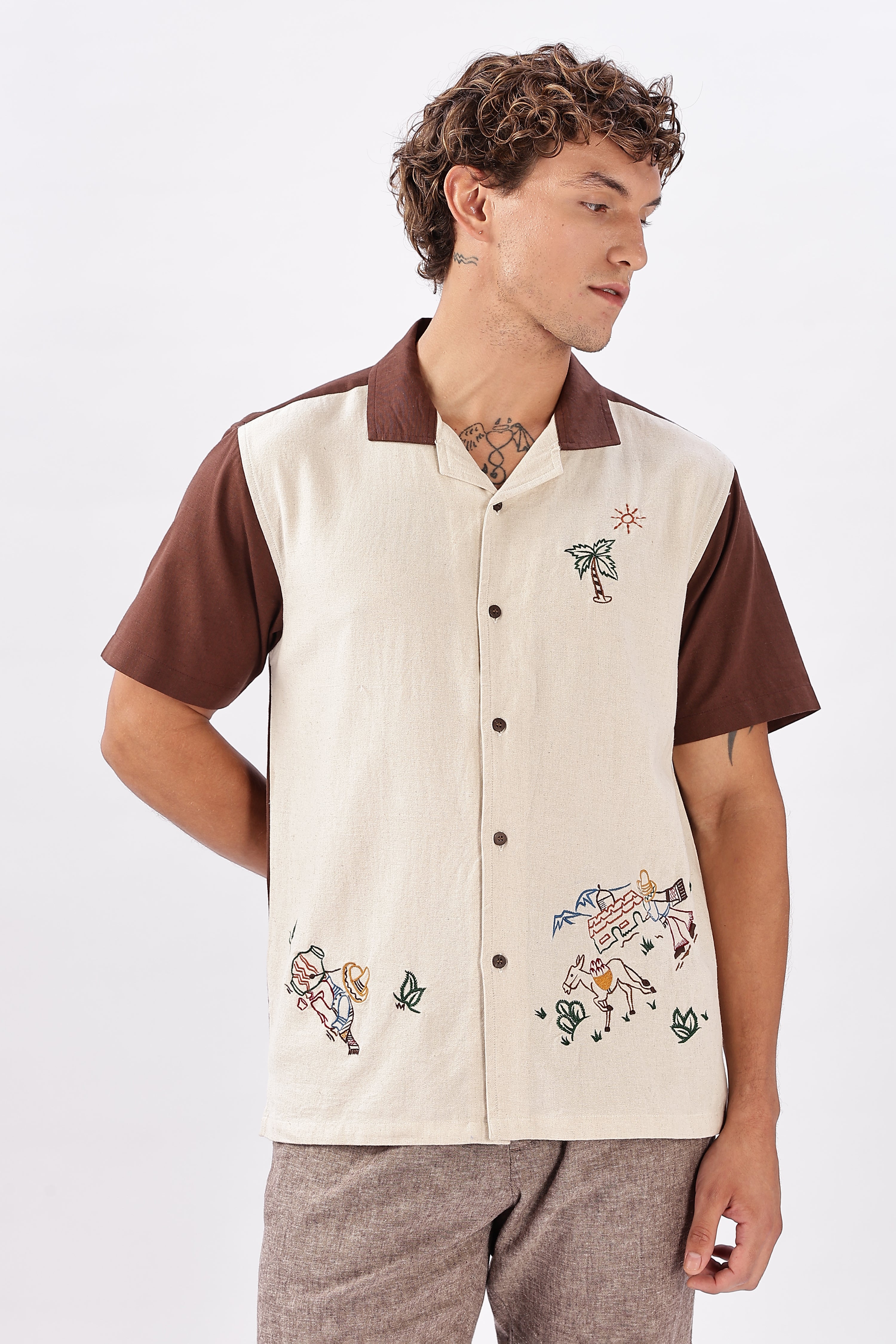 Desert Fiesta Box Fit Beige Half Sleeve Embroidered Shirt