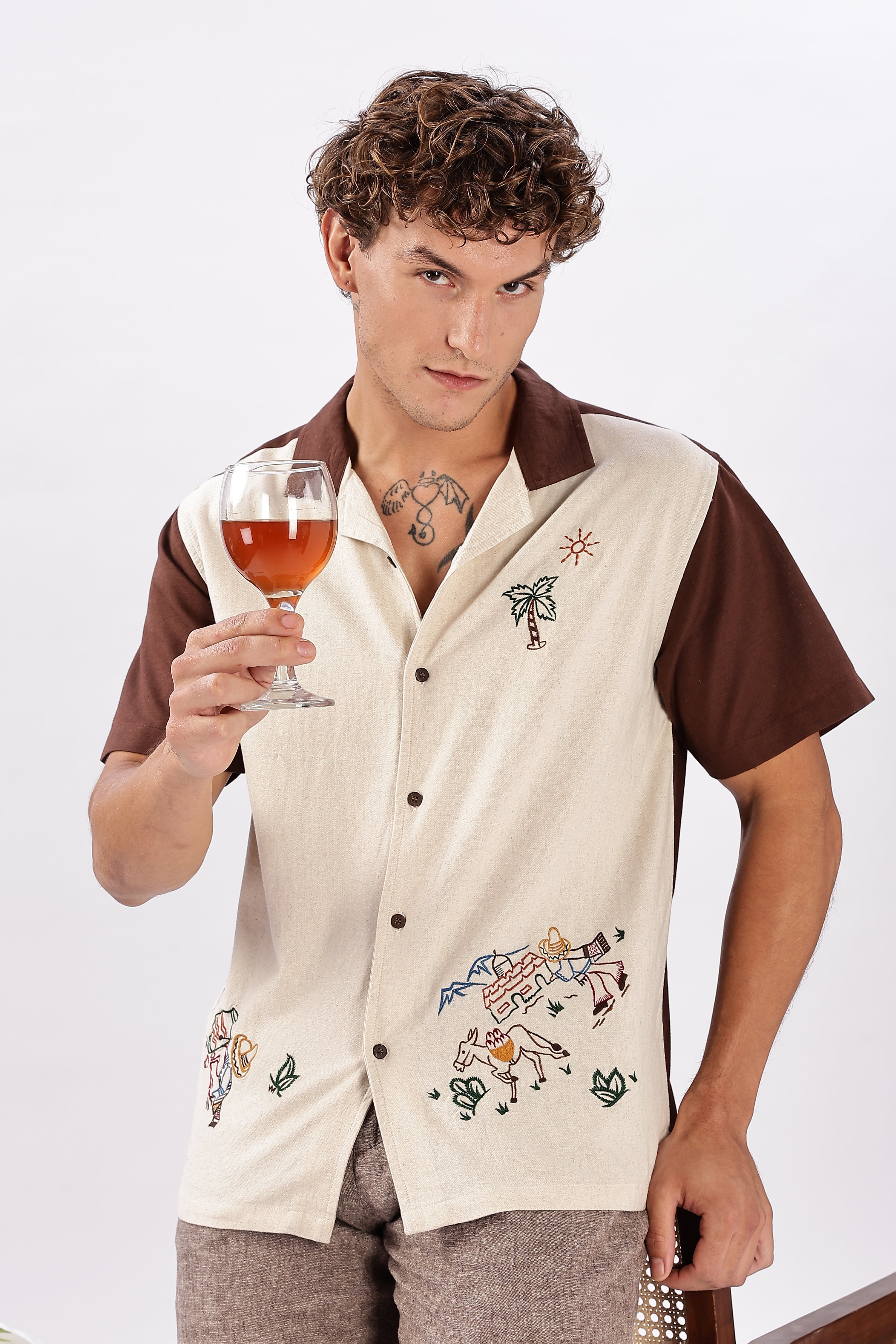 Desert Fiesta Box Fit Beige Half Sleeve Embroidered Shirt