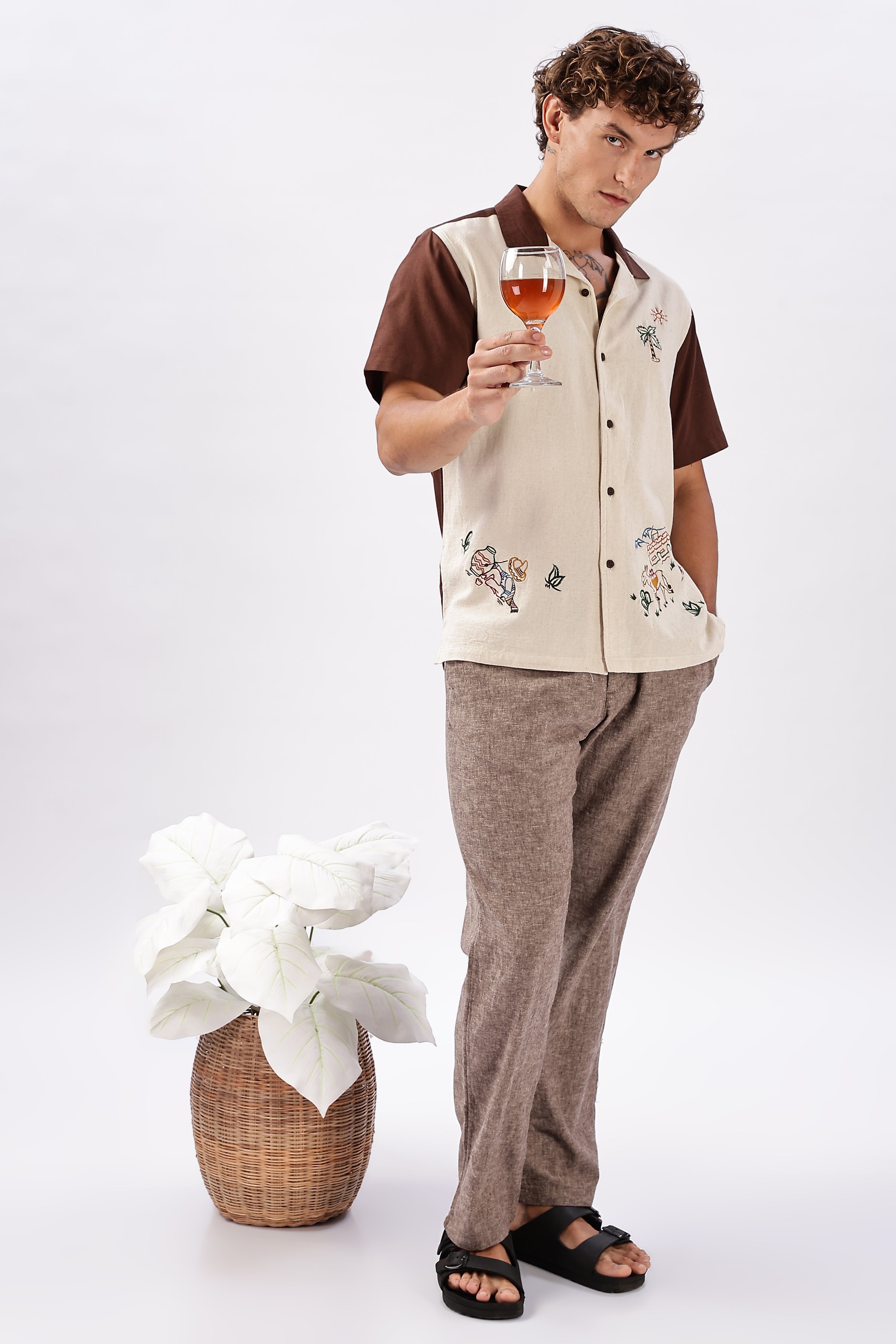 Desert Fiesta Box Fit Beige Half Sleeve Embroidered Shirt