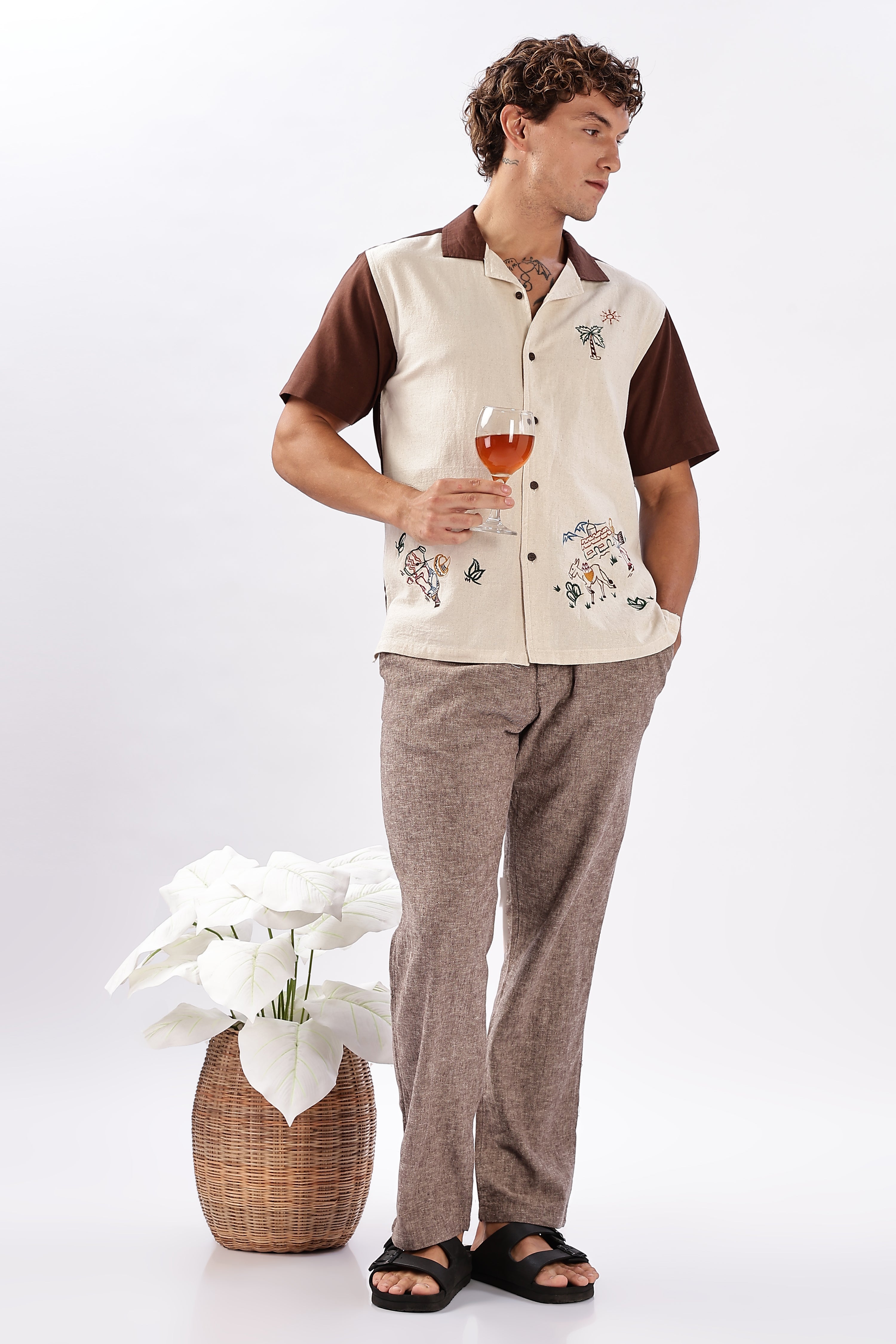 Desert Fiesta Box Fit Beige Half Sleeve Embroidered Shirt
