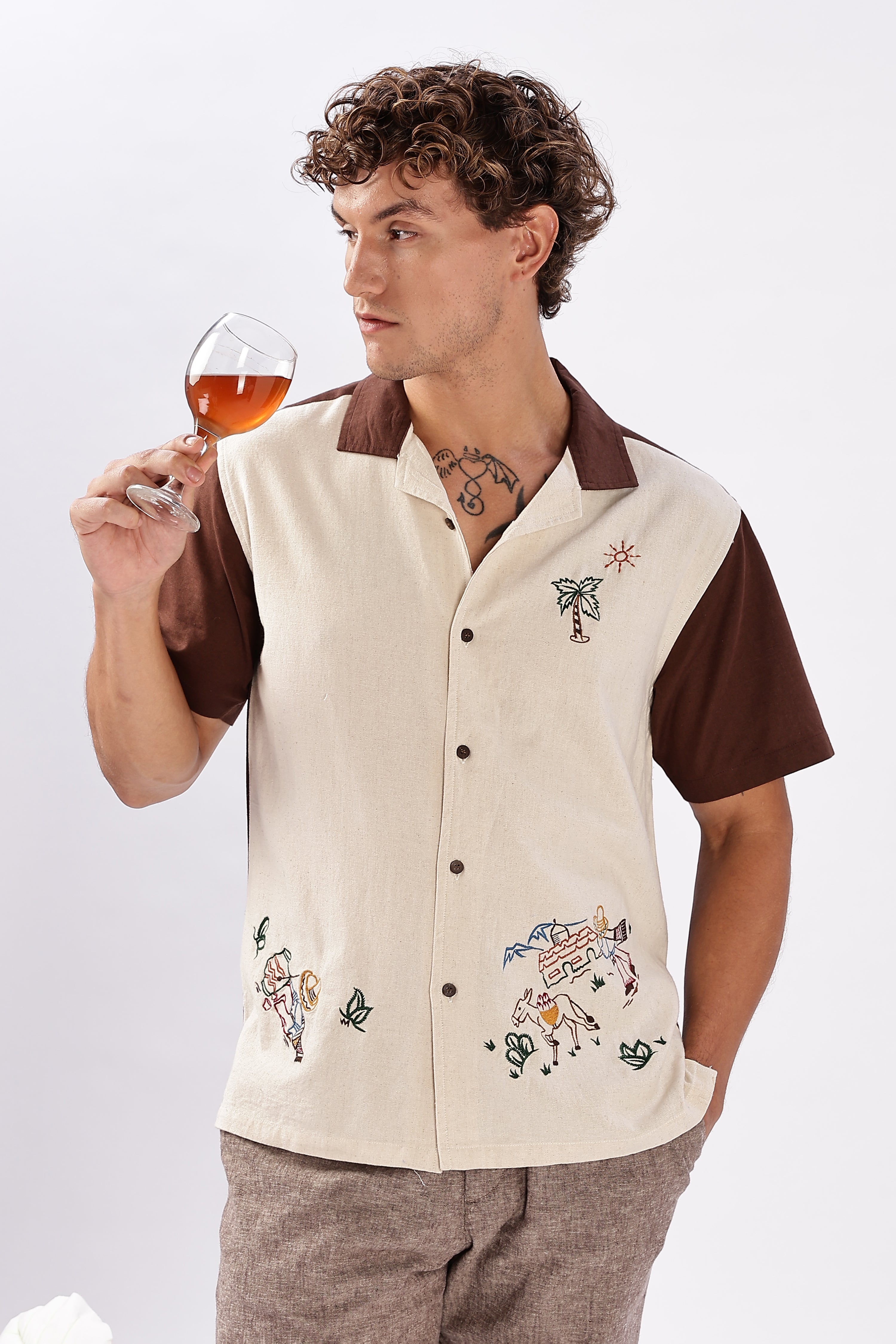 Desert Fiesta Box Fit Beige Half Sleeve Embroidered Shirt