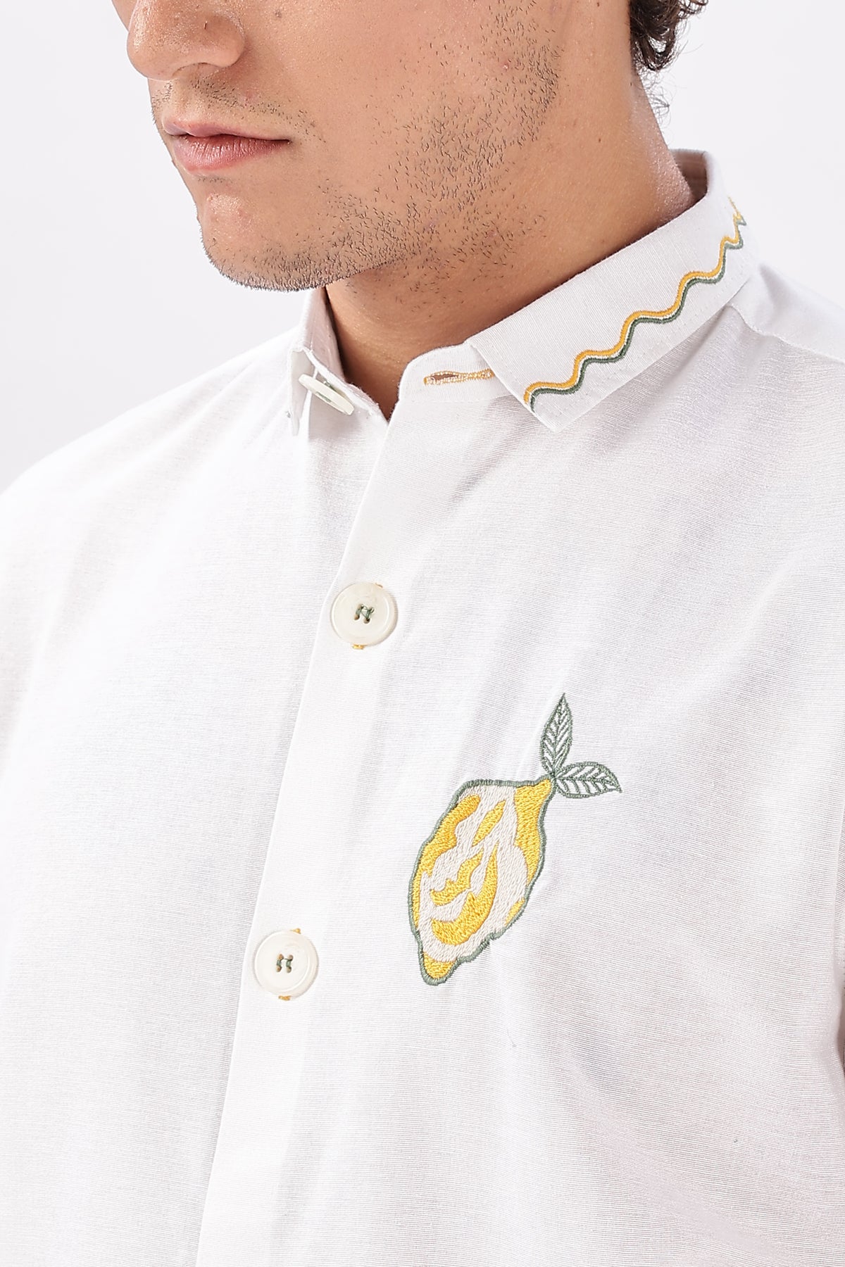 Playful Lemon Bottle Cotton Regular Fit Half-Sleeve White Embroidered Shirt