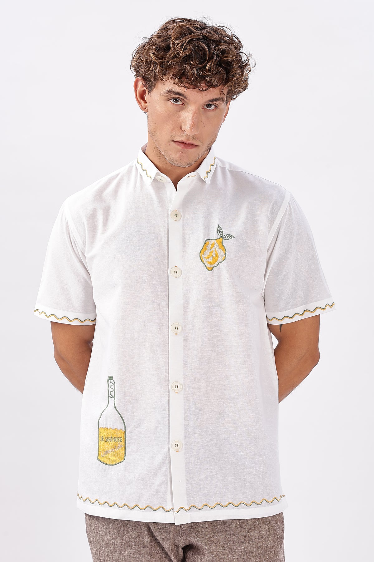 Playful Lemon Bottle Cotton Regular Fit Half-Sleeve White Embroidered Shirt
