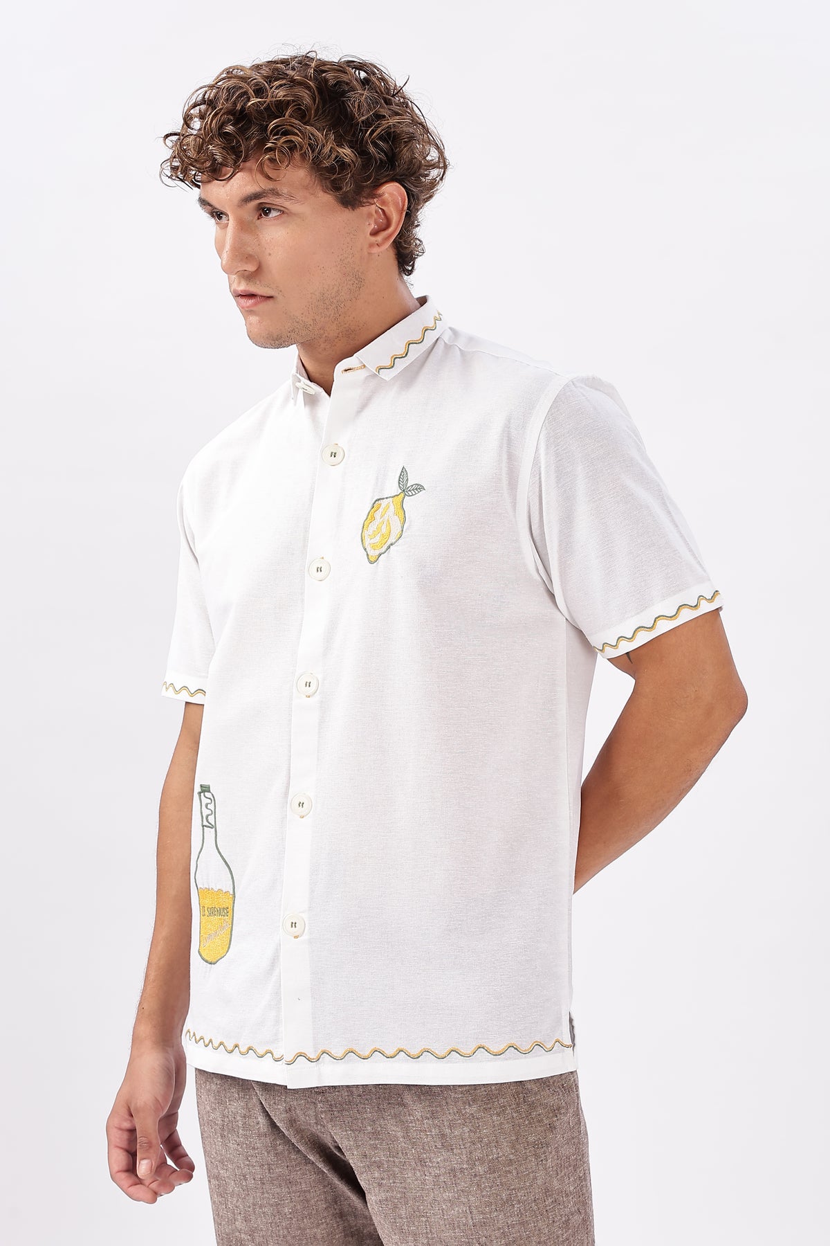 Playful Lemon Bottle Cotton Regular Fit Half-Sleeve White Embroidered Shirt