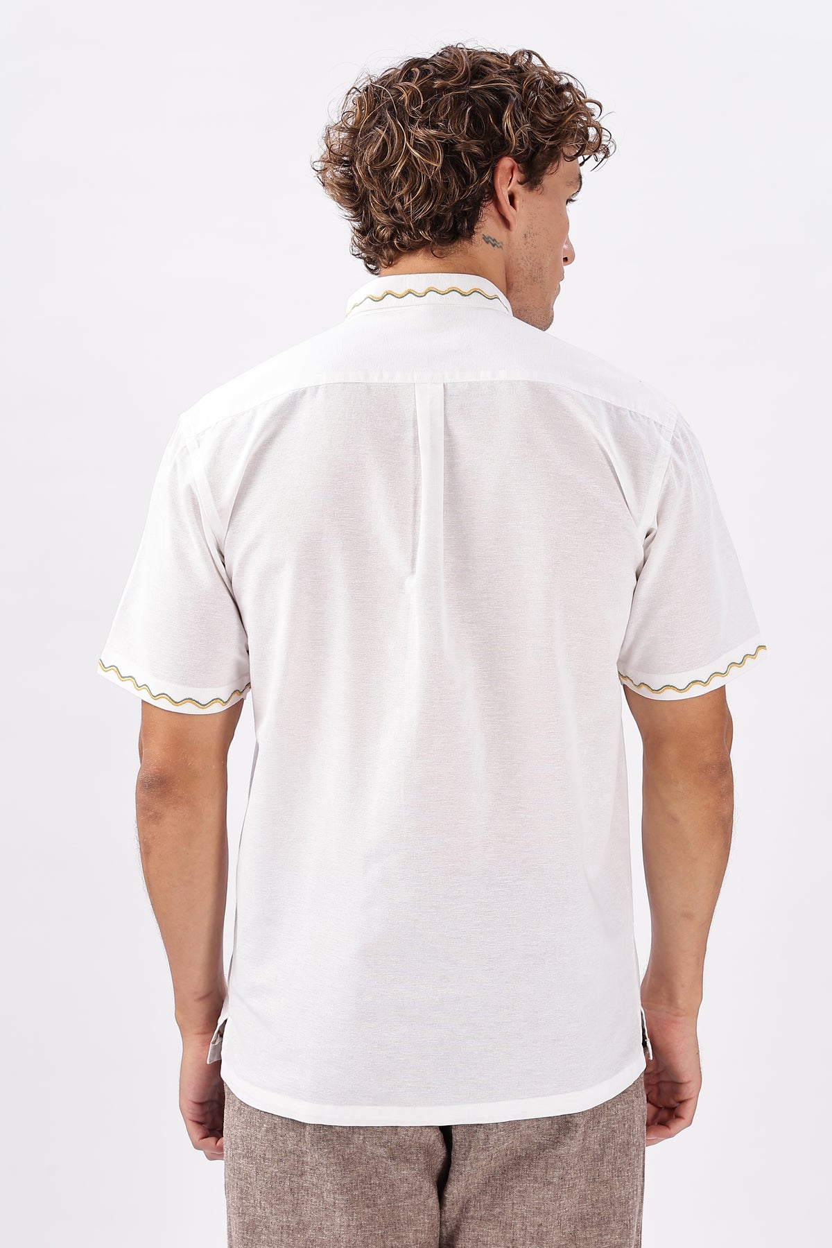 Playful Lemon Bottle Cotton Regular Fit Half-Sleeve White Embroidered Shirt