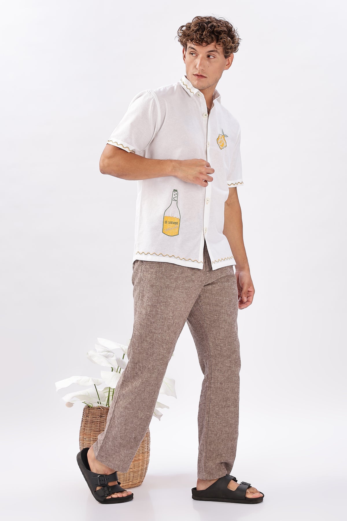 Playful Lemon Bottle Cotton Regular Fit Half-Sleeve White Embroidered Shirt