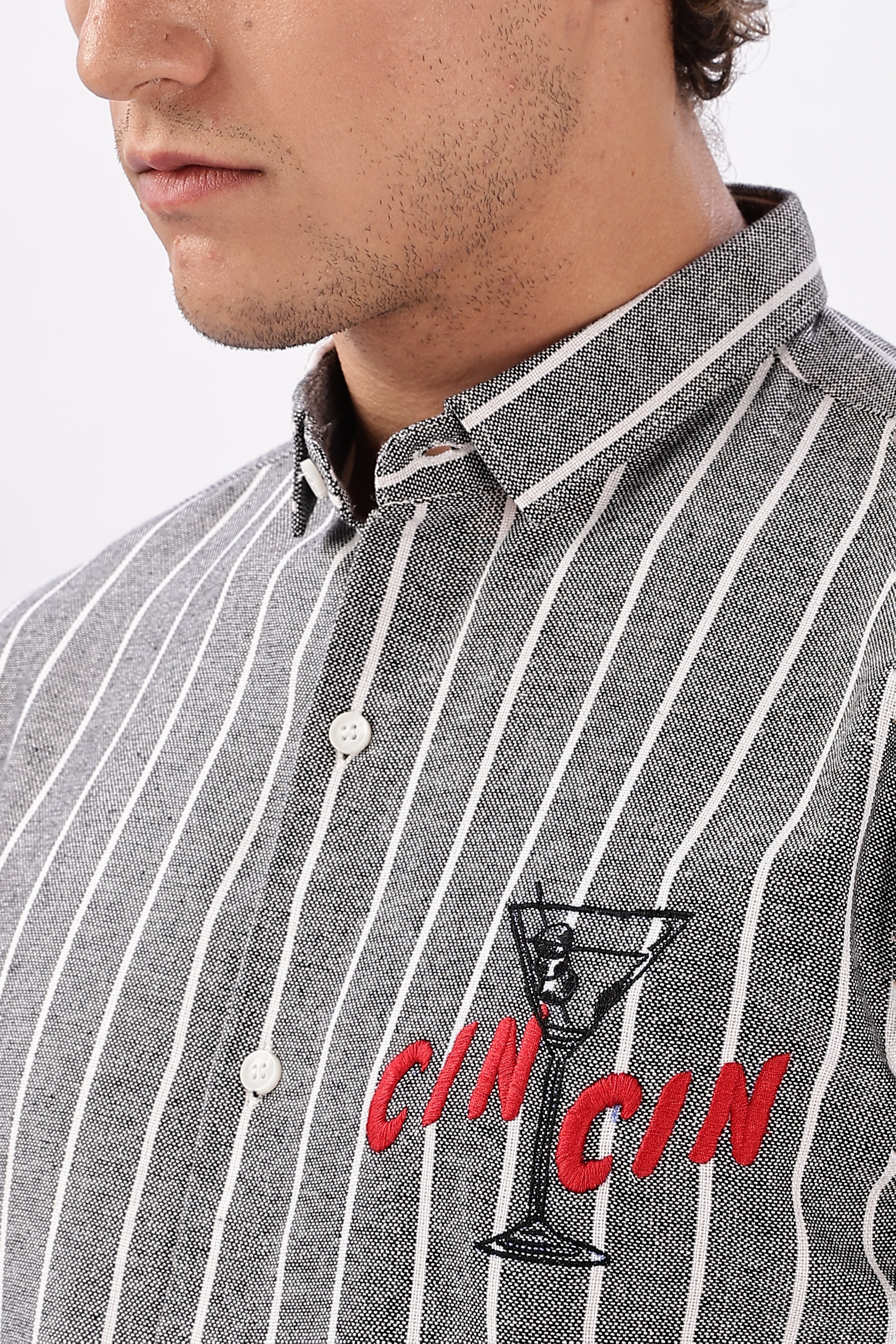 Cin Cin Striped Grey Embroidered Shirt