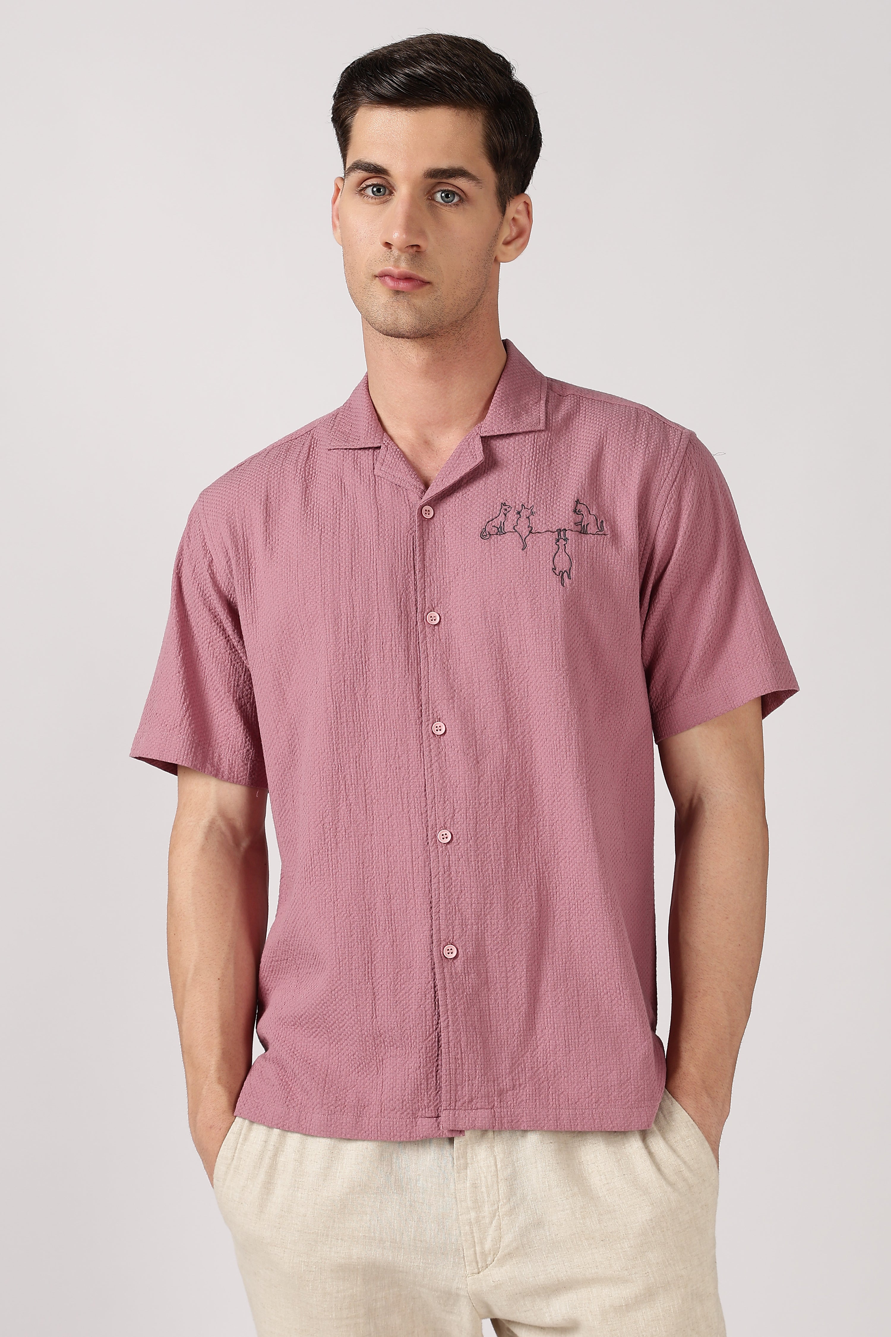 Playful Paws Cotton Box Fit Pink Embroidered Shirt