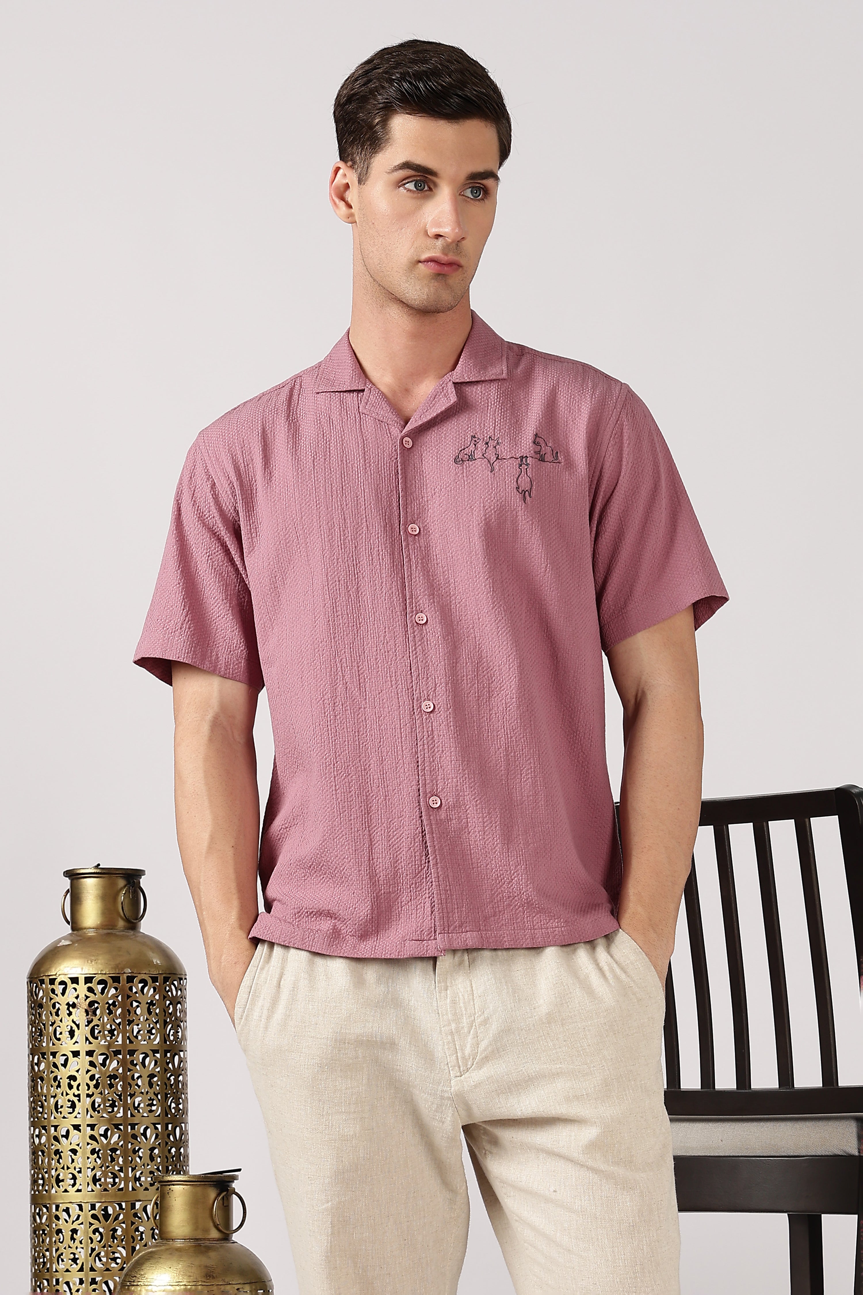 Playful Paws Cotton Box Fit Pink Embroidered Shirt