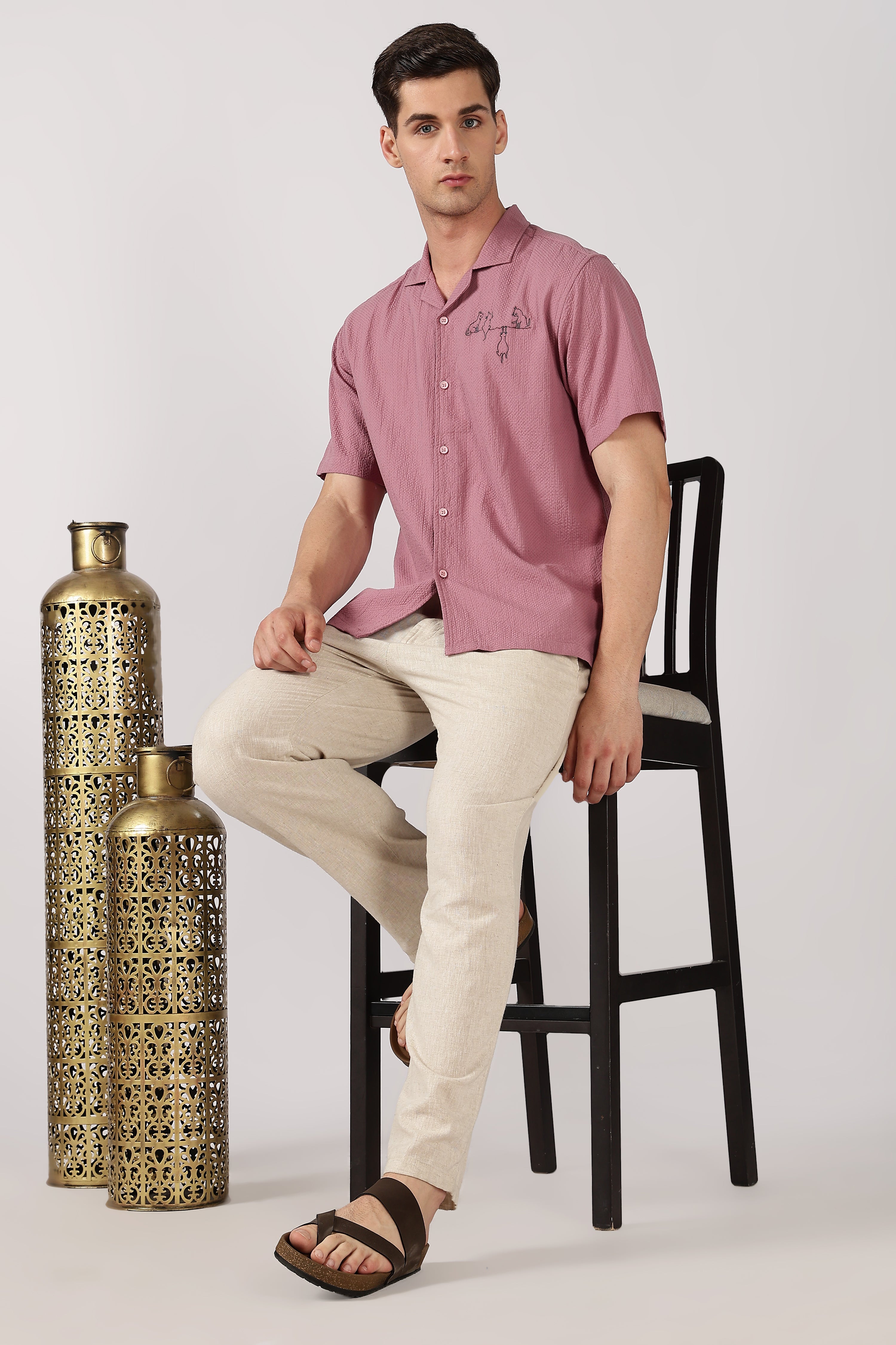 Playful Paws Cotton Box Fit Pink Embroidered Shirt