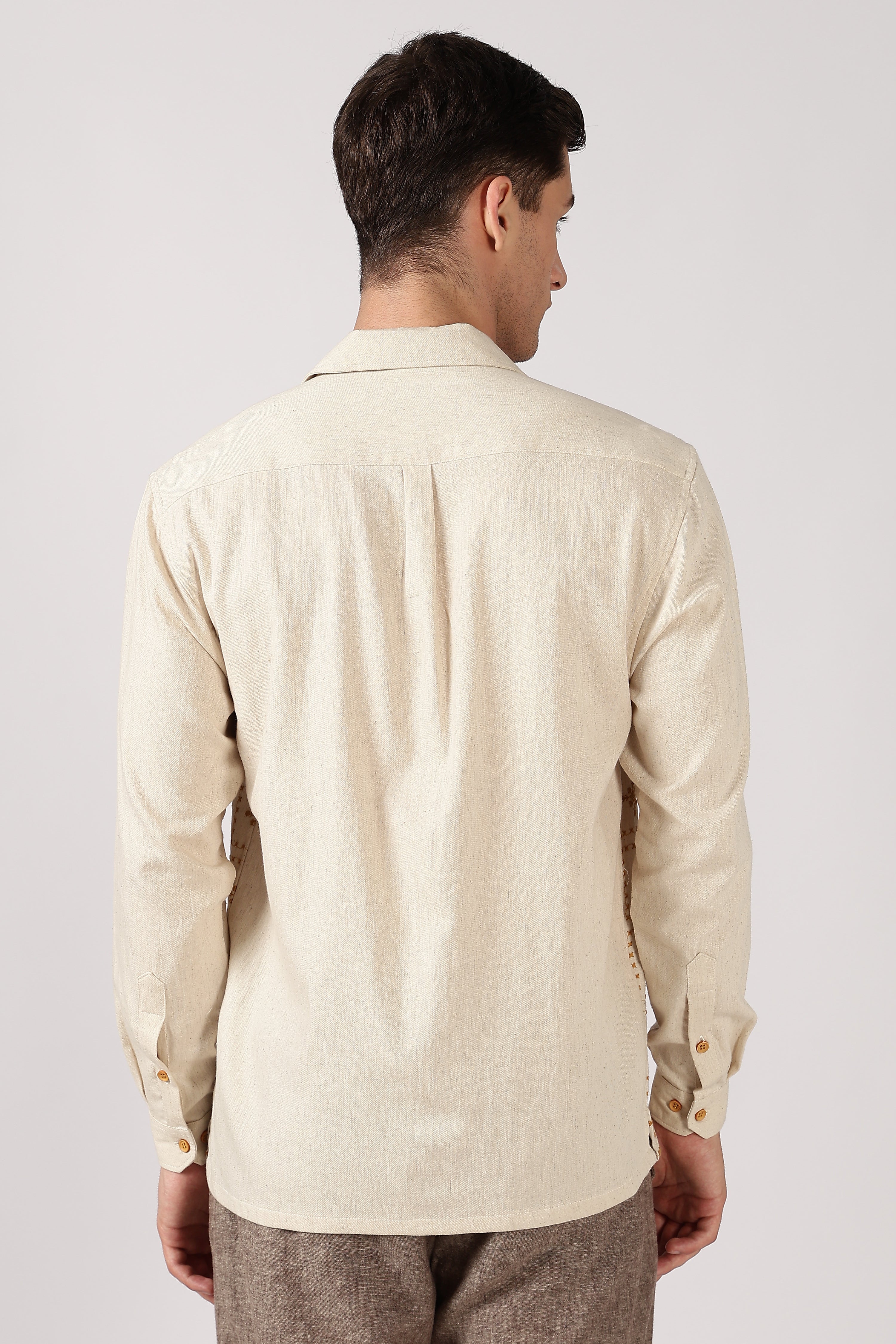 Heritage Yellow Grid Cotton Box Fit Beige Embroidered Shirt