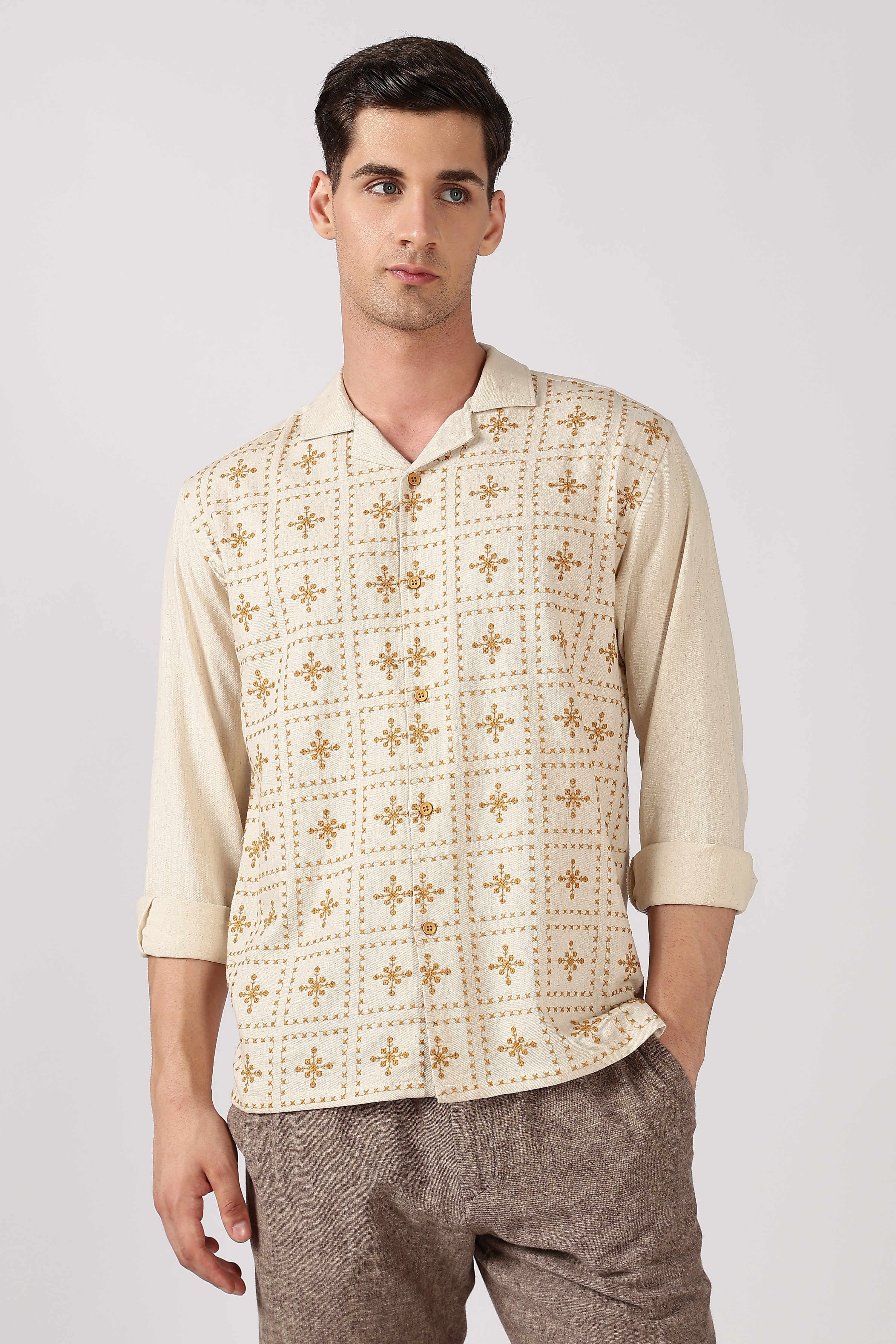 Heritage Yellow Grid Cotton Box Fit Beige Embroidered Shirt
