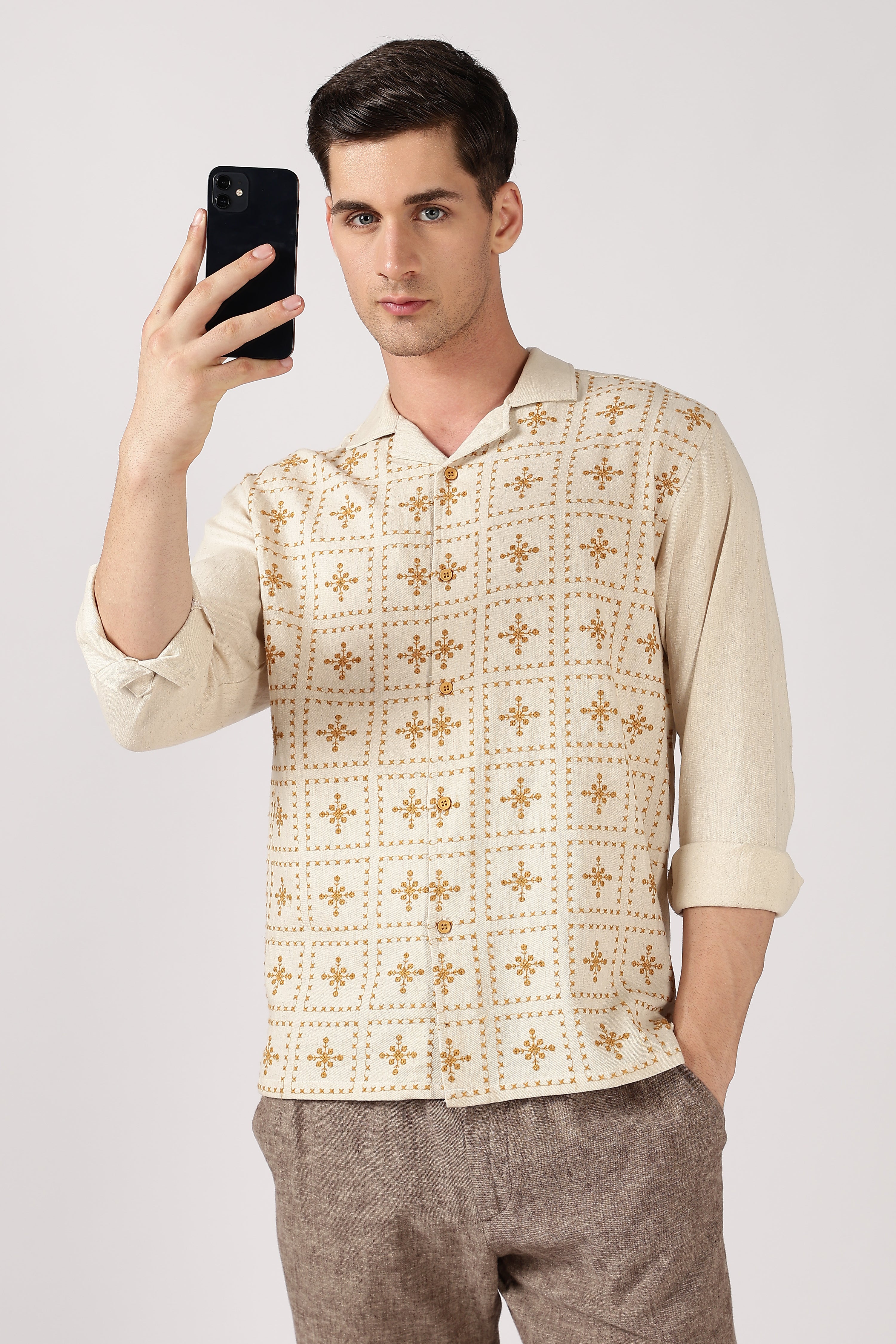 Heritage Yellow Grid Cotton Box Fit Beige Embroidered Shirt