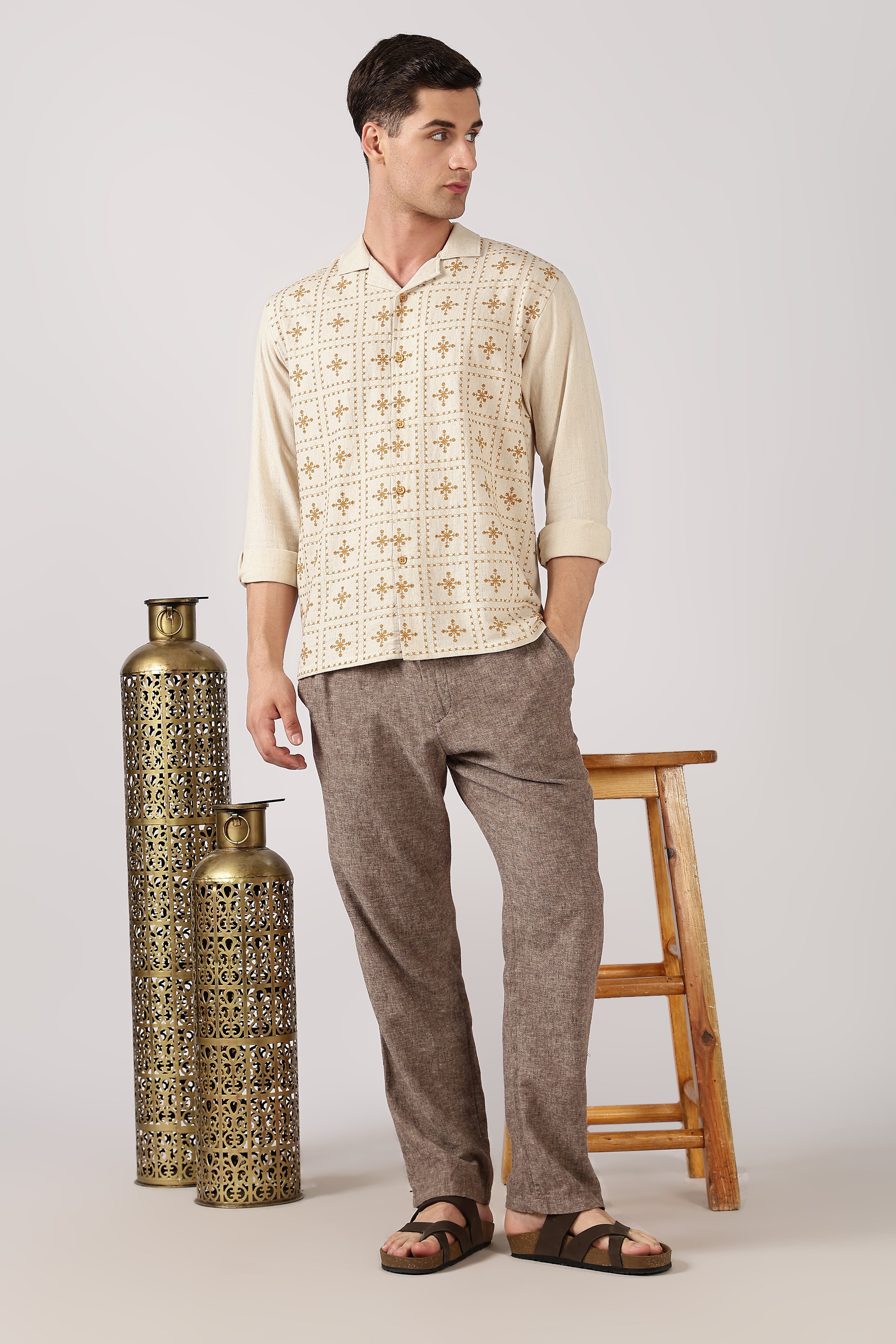 Heritage Yellow Grid Cotton Box Fit Beige Embroidered Shirt