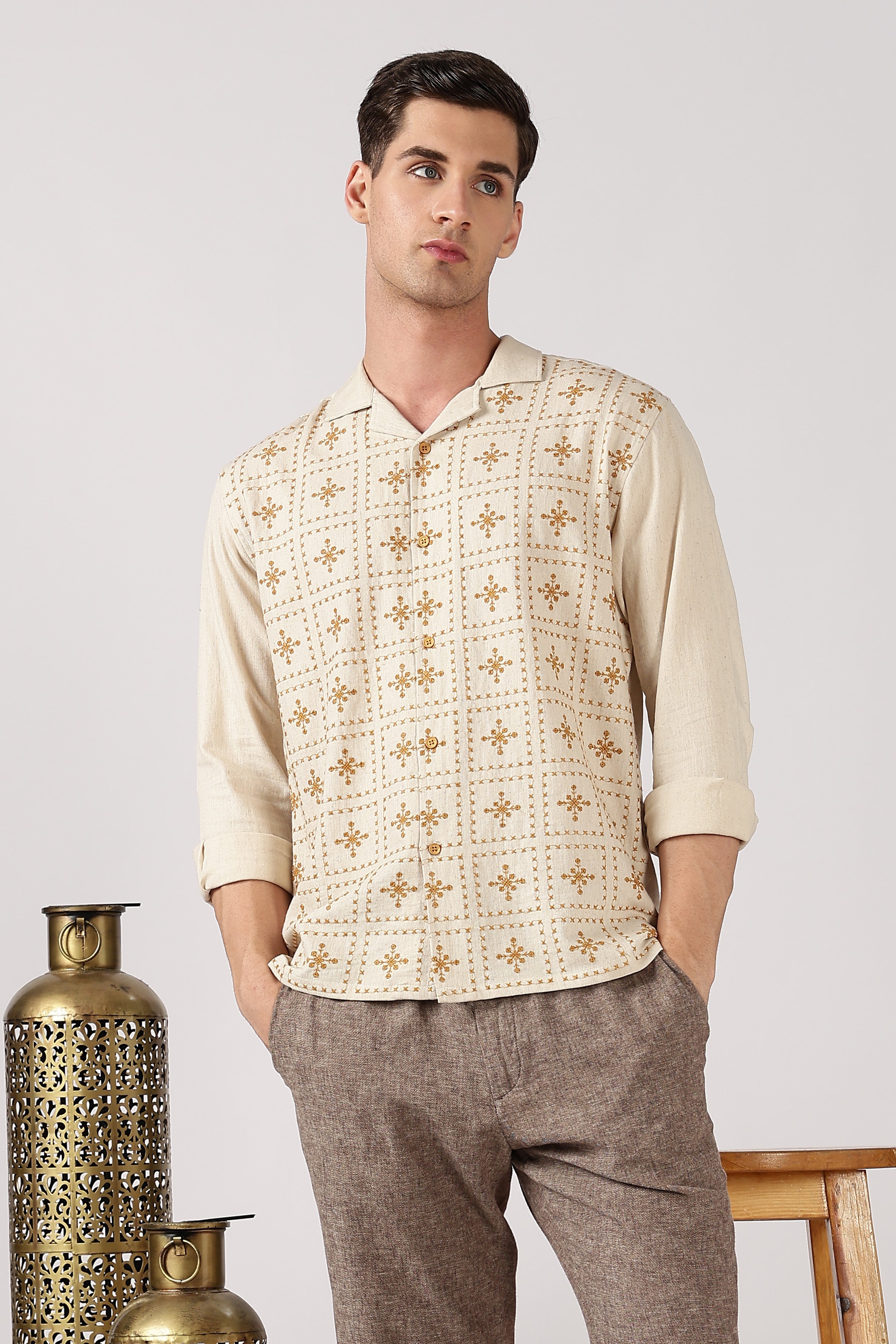 Heritage Yellow Grid Cotton Box Fit Beige Embroidered Shirt