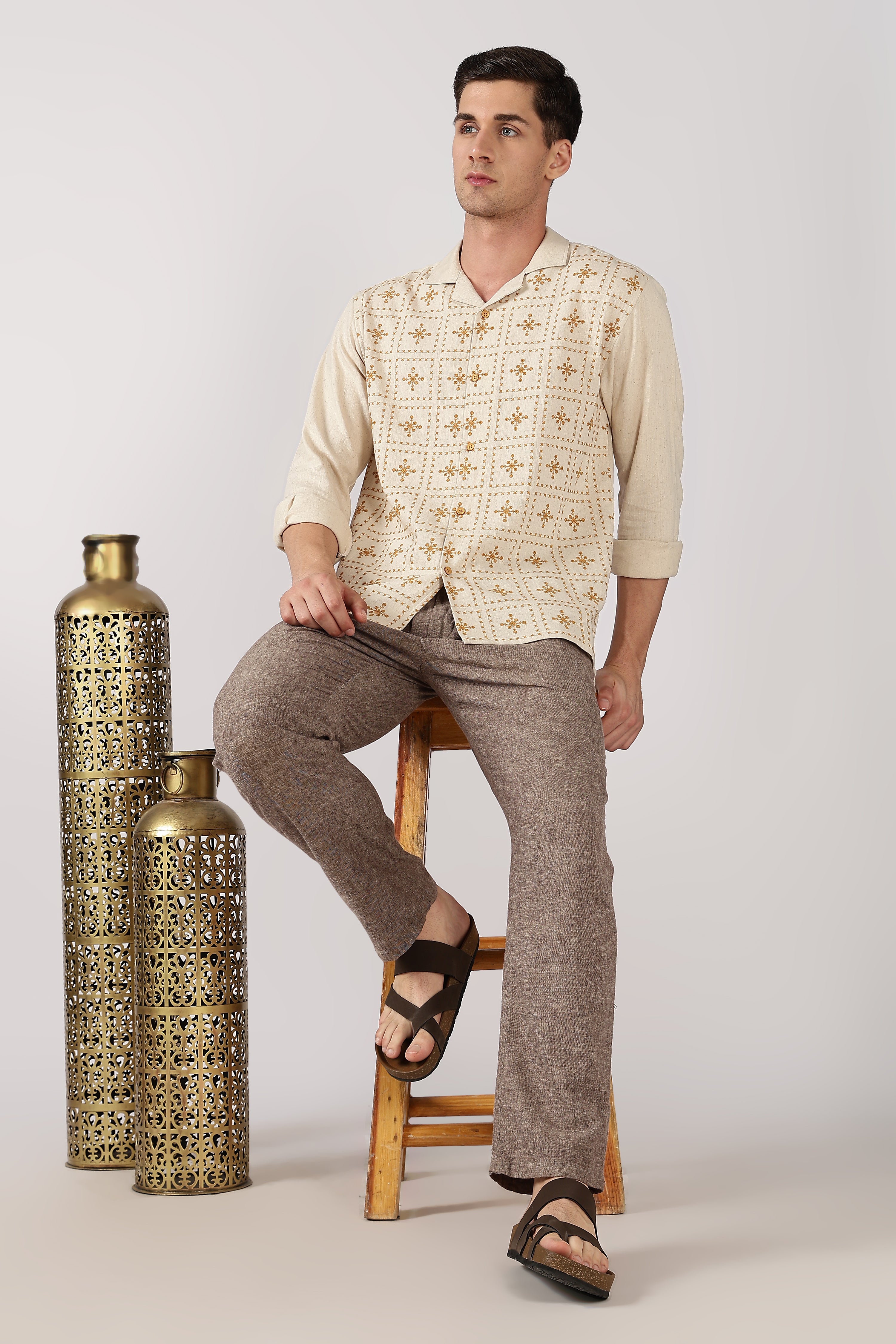 Heritage Yellow Grid Cotton Box Fit Beige Embroidered Shirt