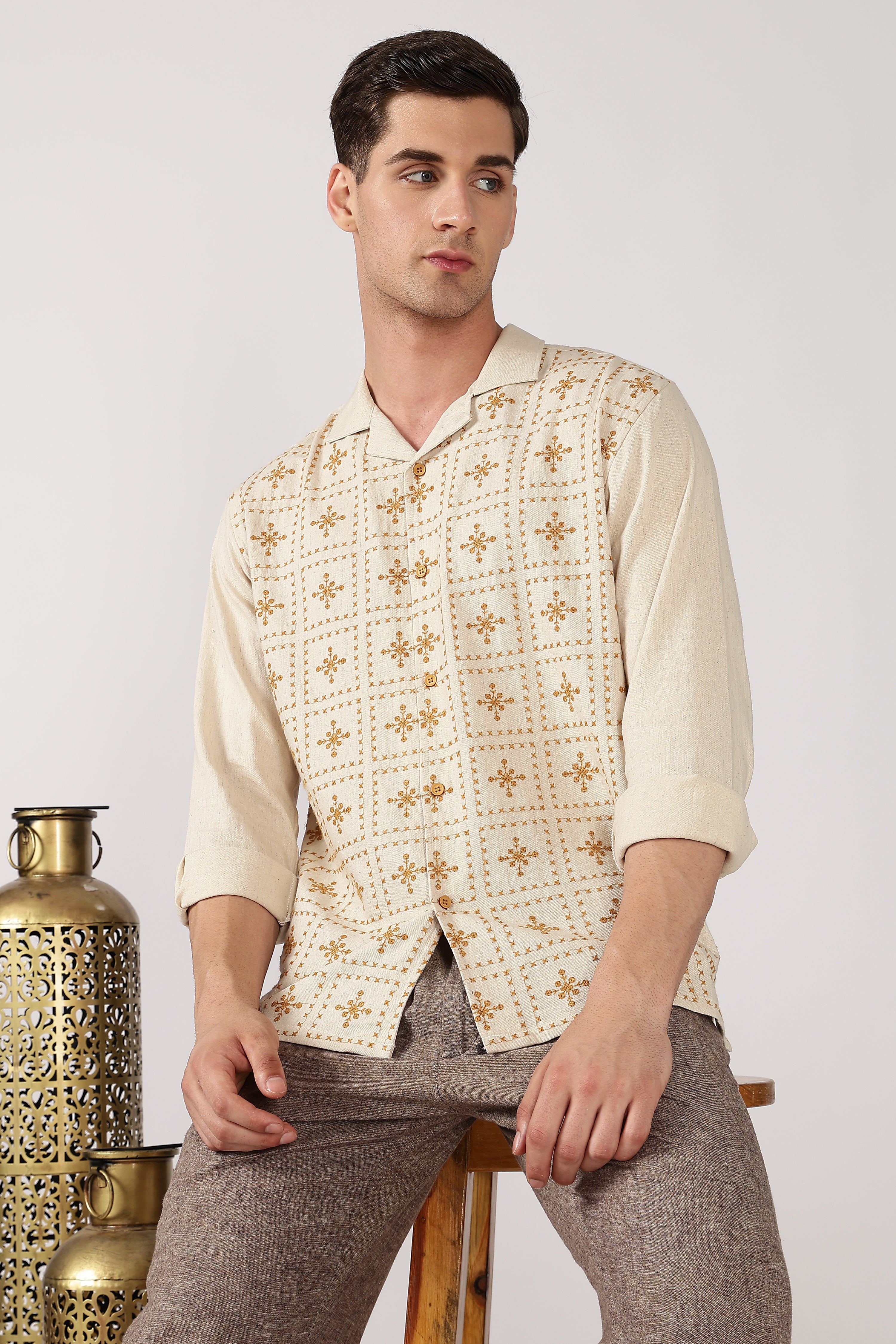 Heritage Yellow Grid Cotton Box Fit Beige Embroidered Shirt