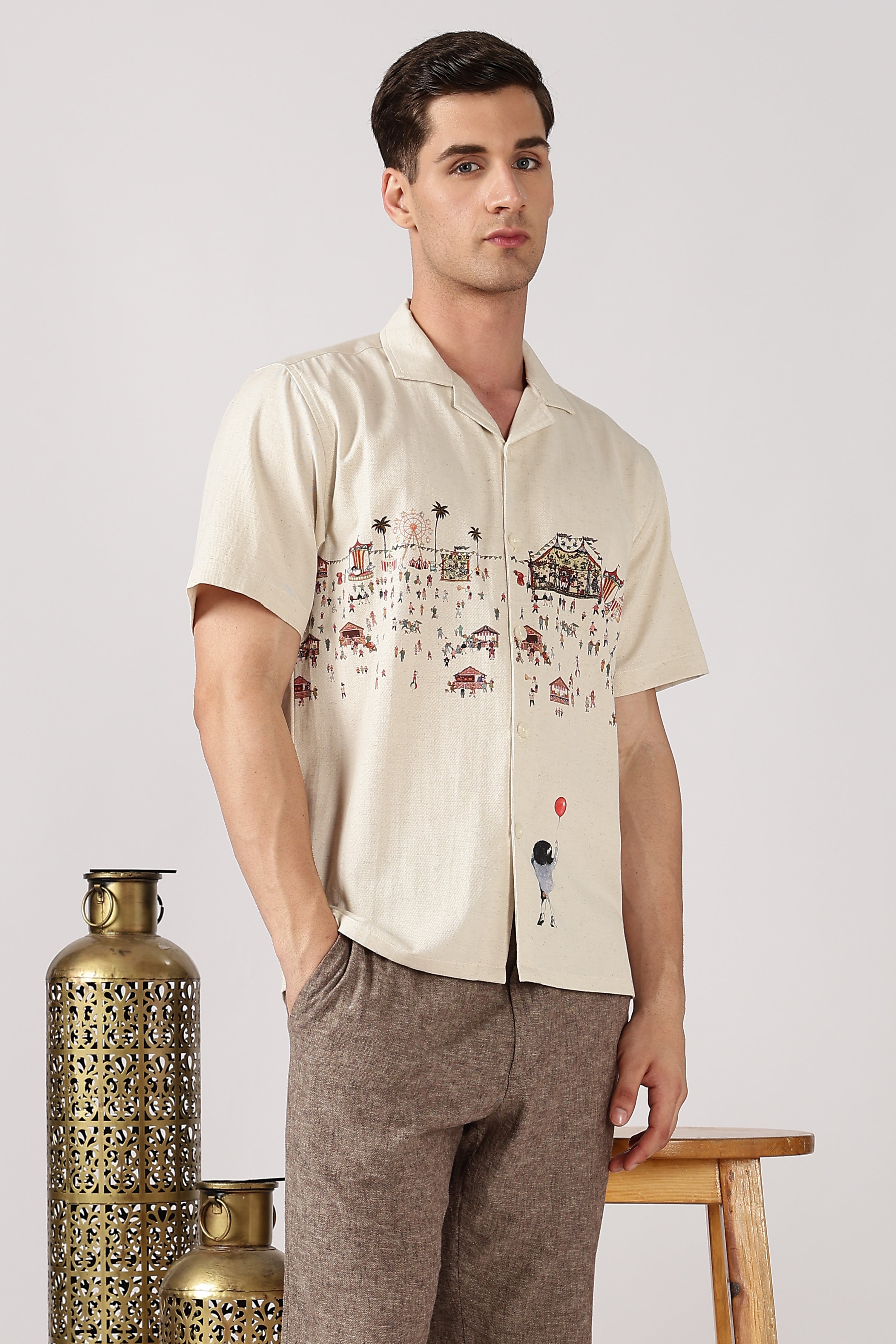 Carnival Dreams Cotton Box Fit Beige Printed Shirt