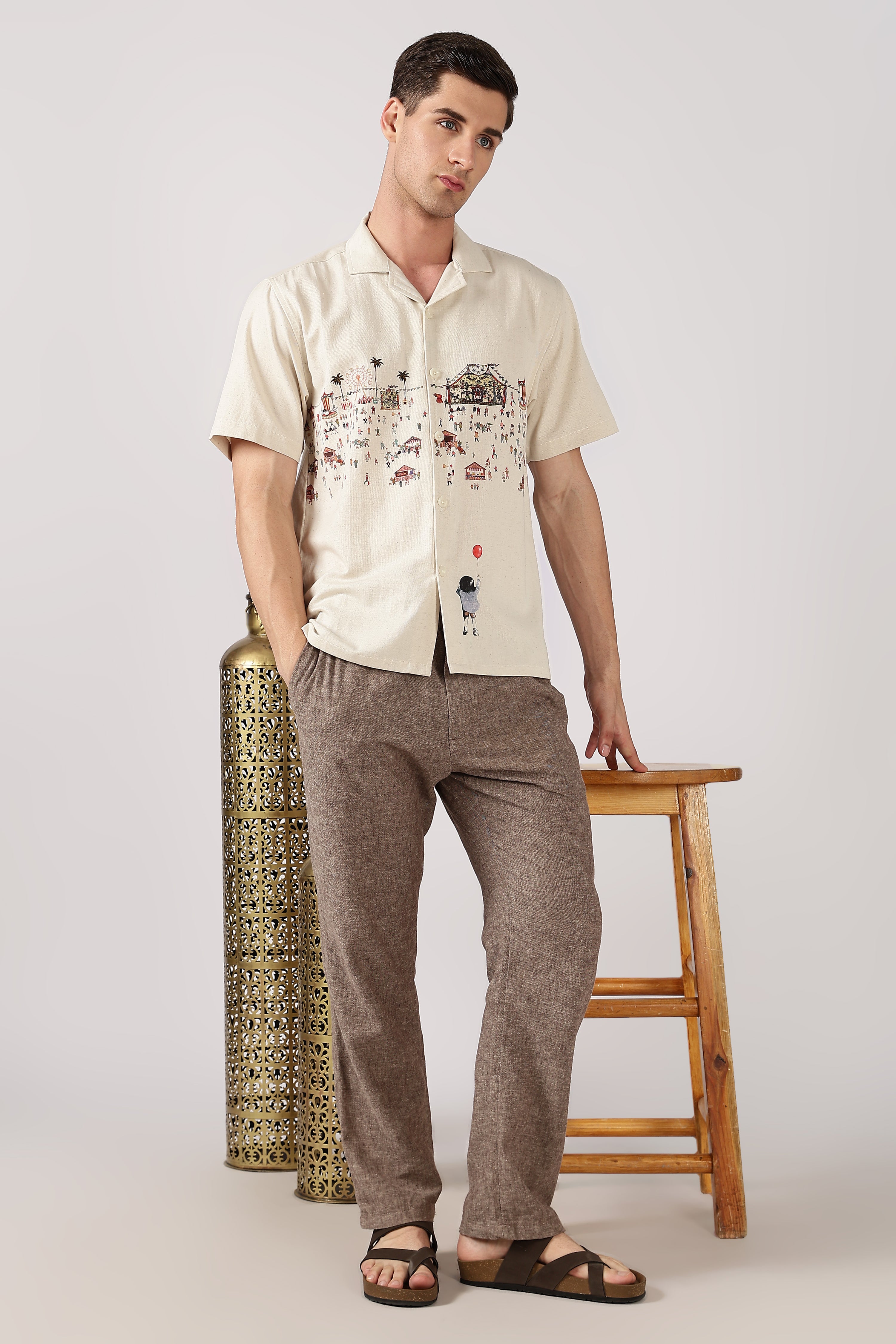 Carnival Dreams Cotton Box Fit Beige Printed Shirt