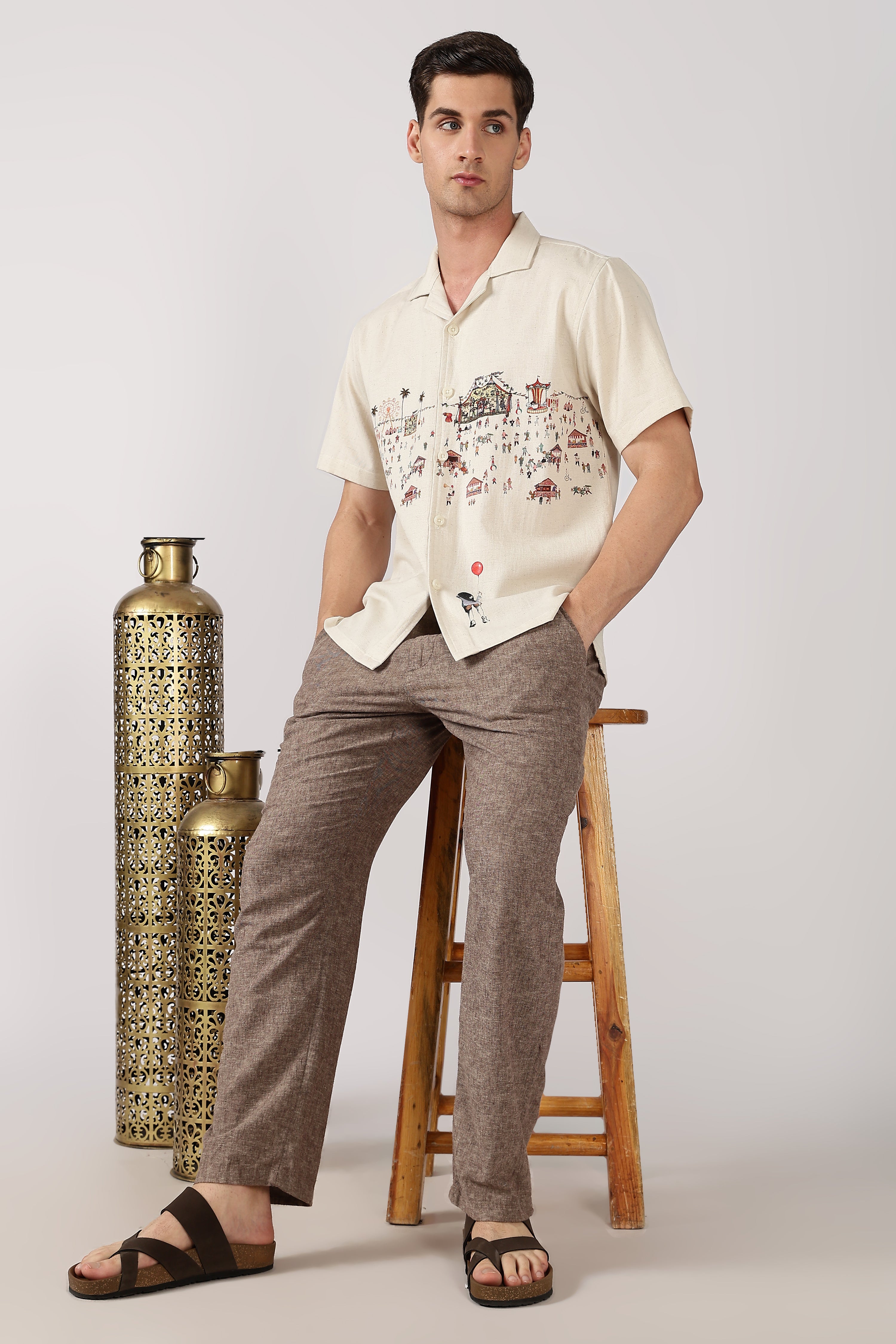 Carnival Dreams Cotton Box Fit Beige Printed Shirt