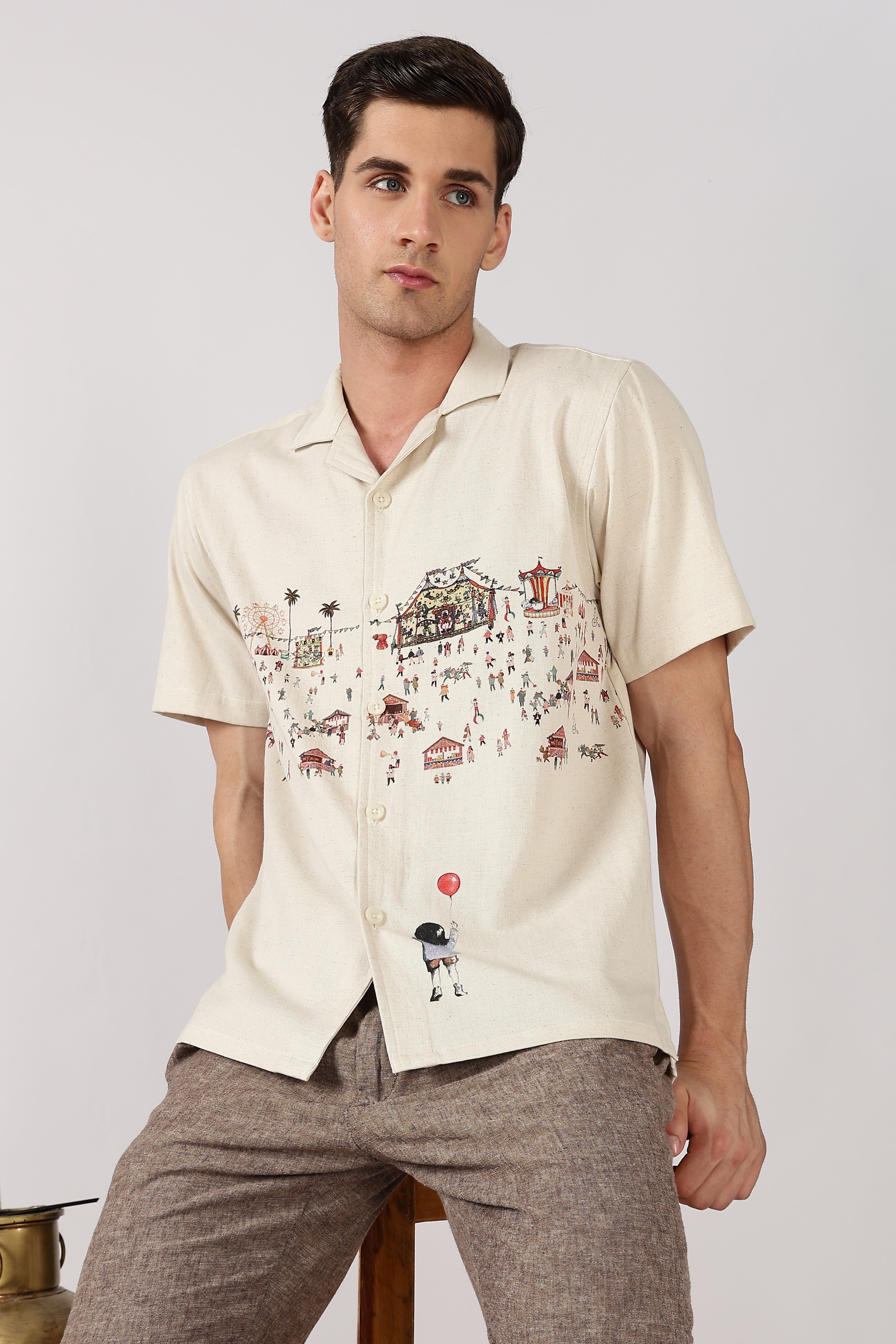 Carnival Dreams Cotton Box Fit Beige Printed Shirt