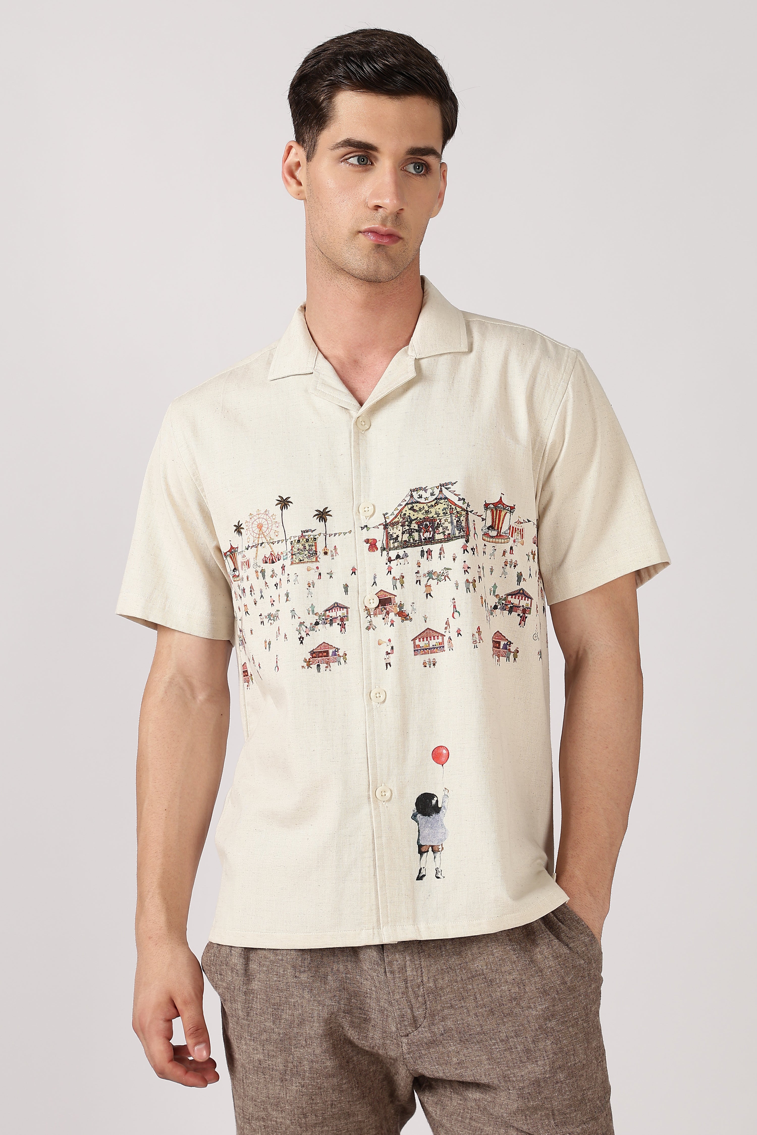 Carnival Dreams Cotton Box Fit Beige Printed Shirt