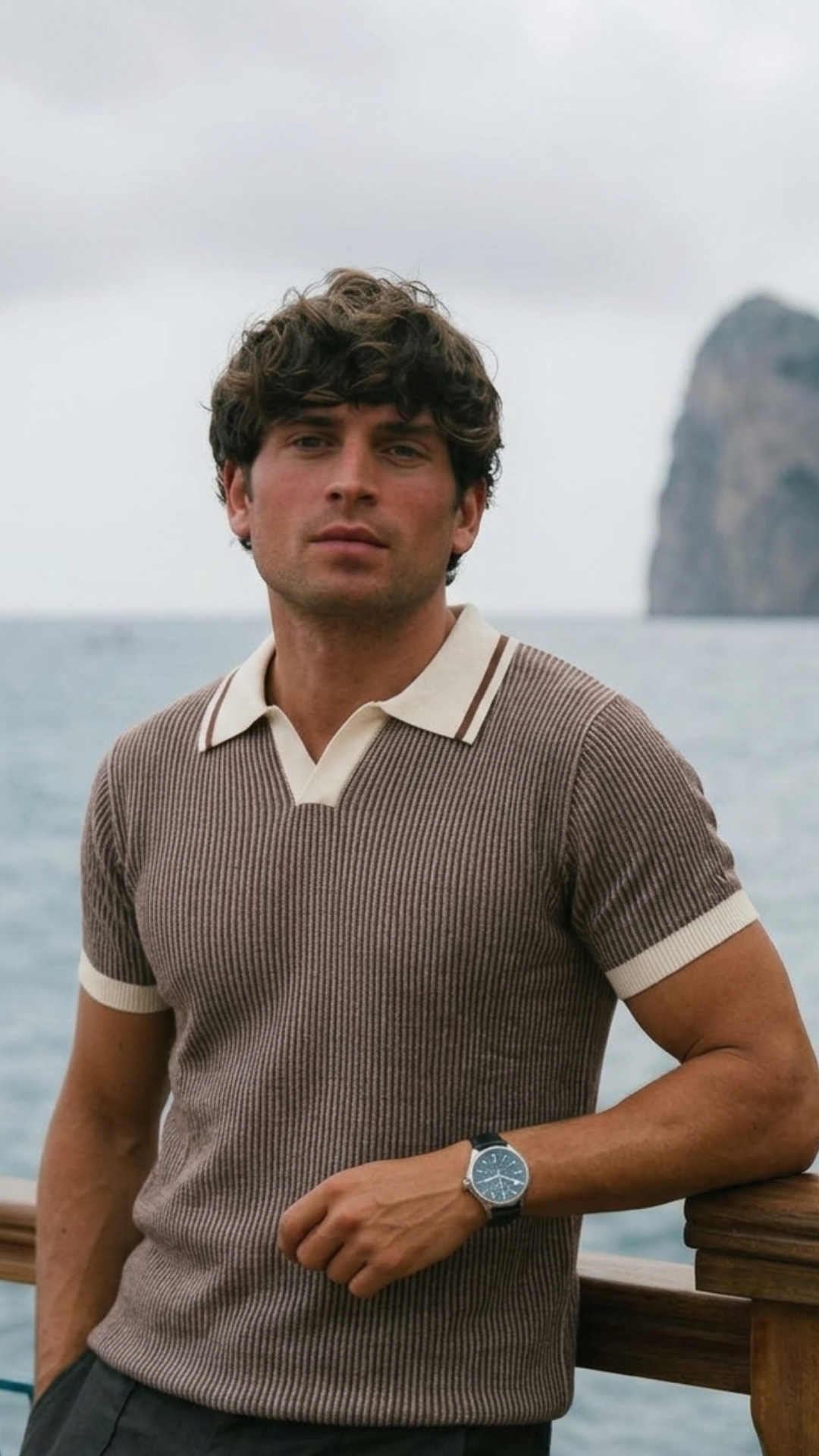 Sienna Stripe Knit Slim Fit Brown Polo T-Shirt