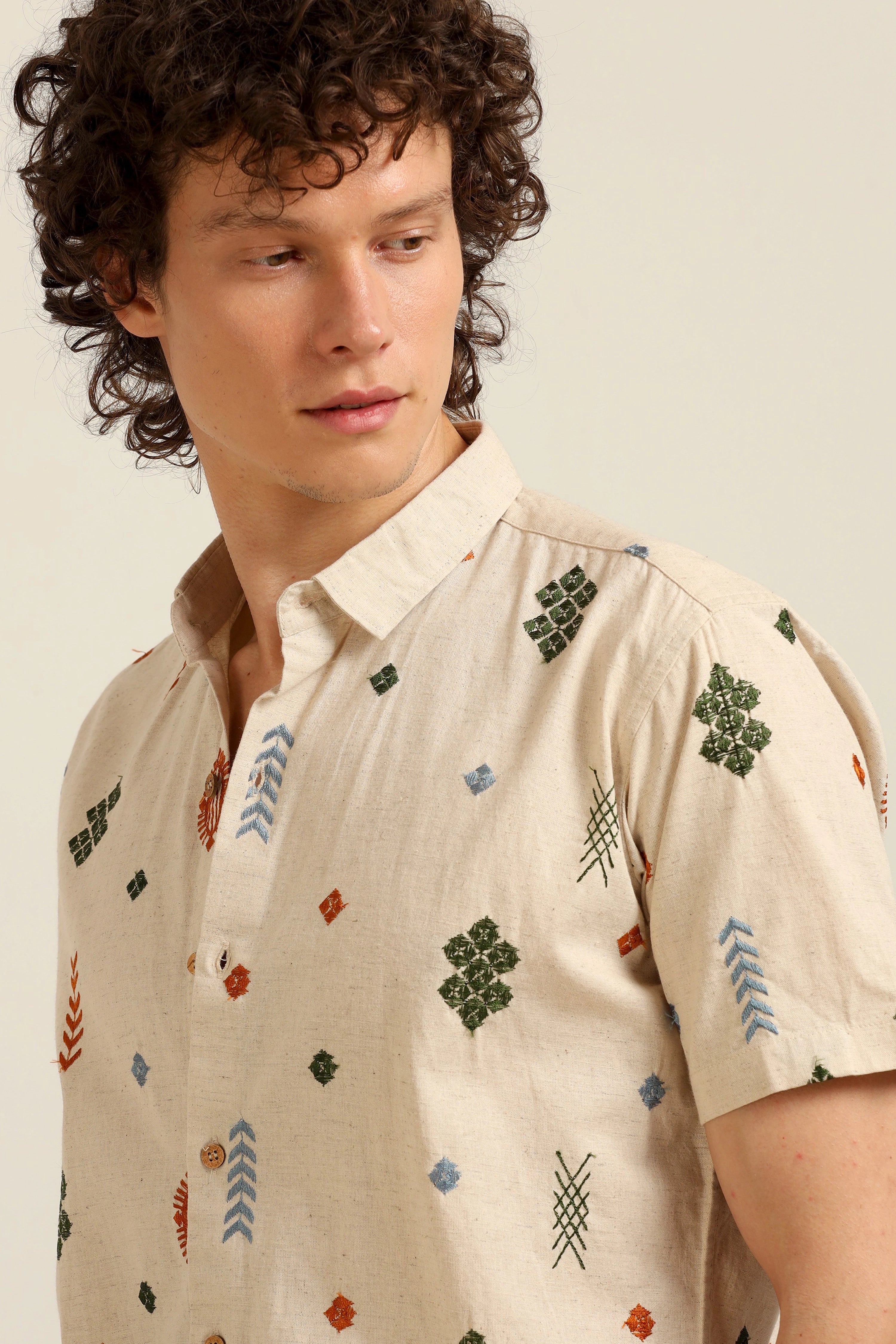 All Over Embroidery Half-sleeve Cotton shirt