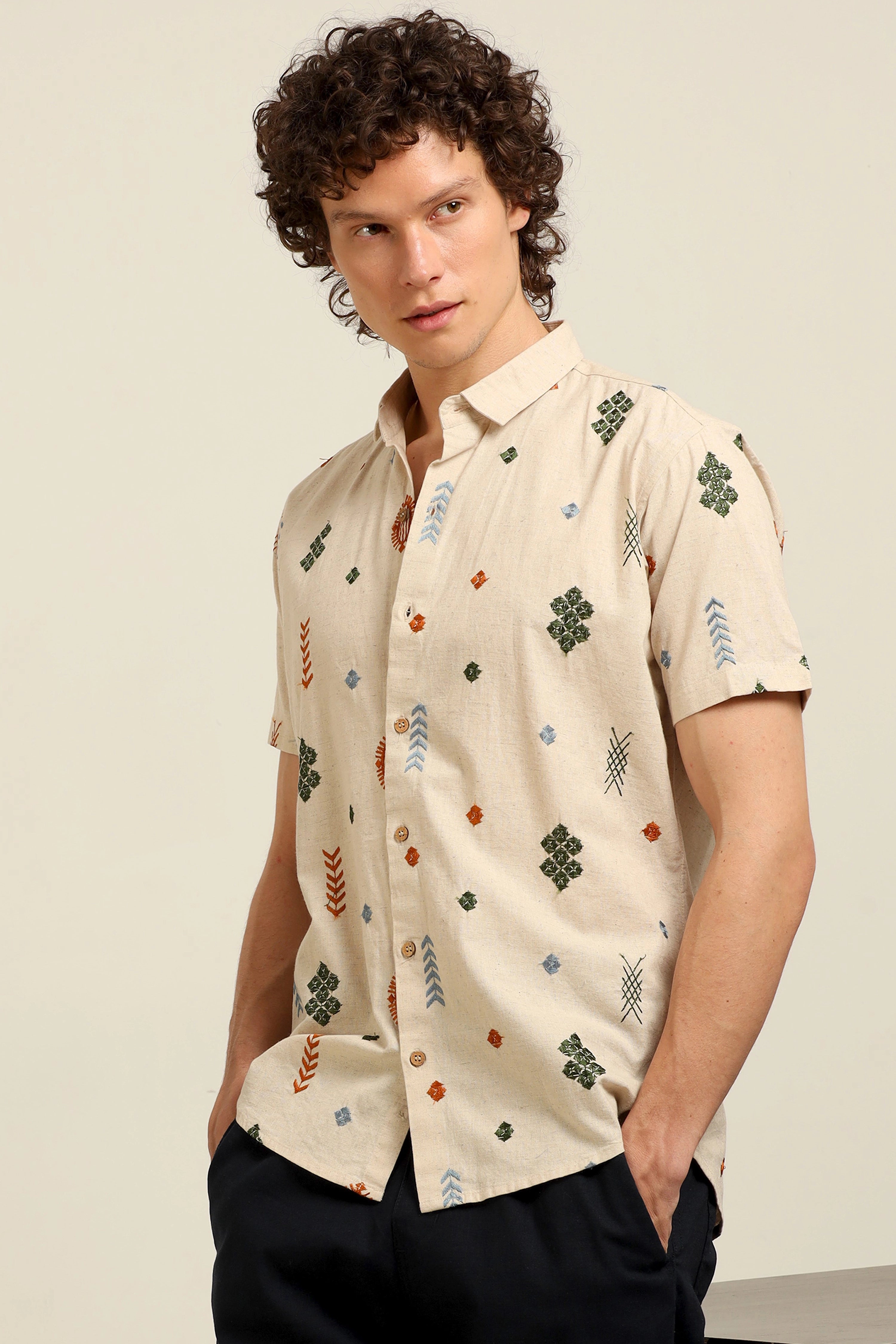 All Over Embroidery Half-sleeve Cotton shirt