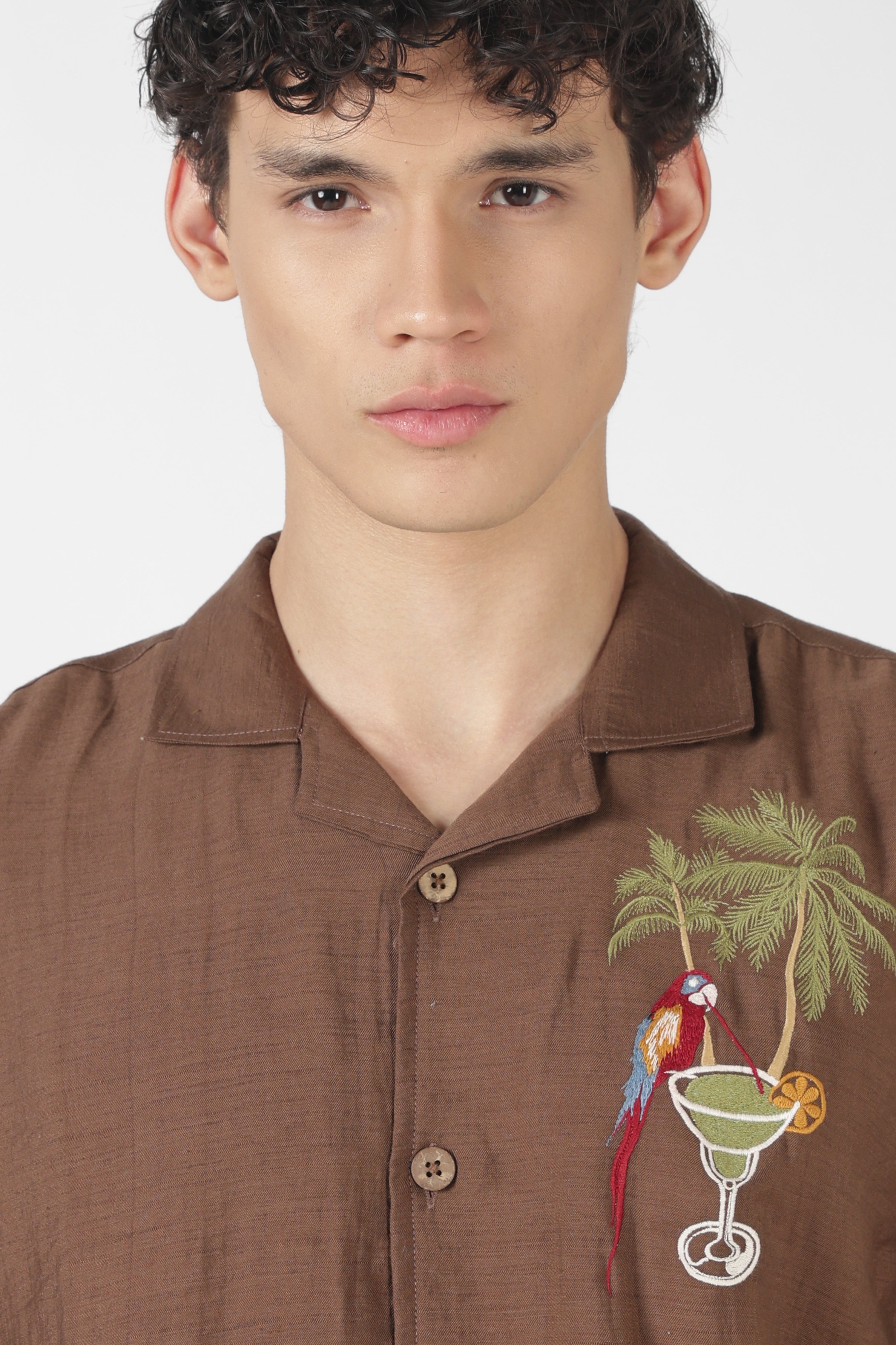 Macaw Tropical Drink Cotton Box Fit Brown Embroidered Shirt
