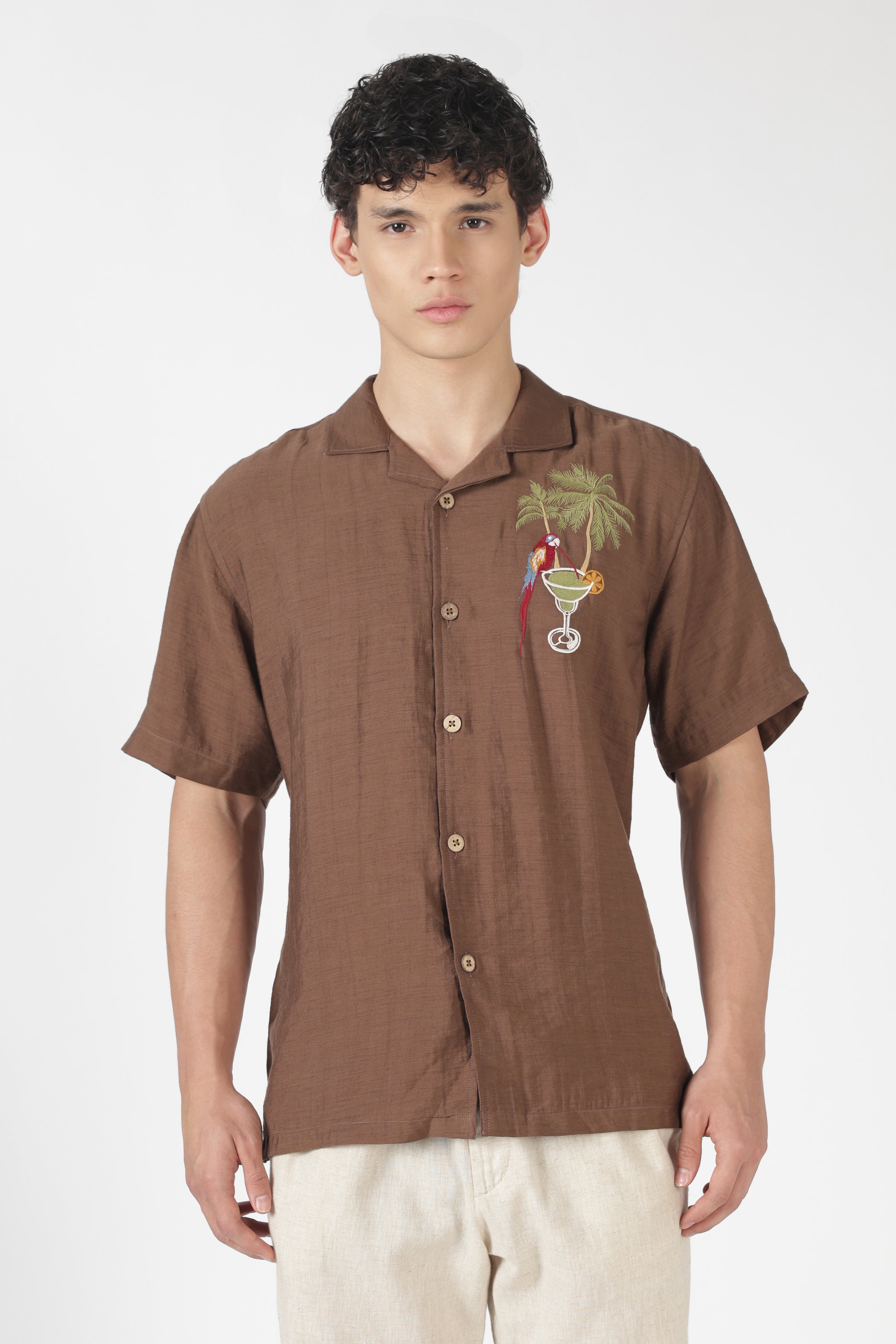 Macaw Tropical Drink Cotton Box Fit Brown Embroidered Shirt