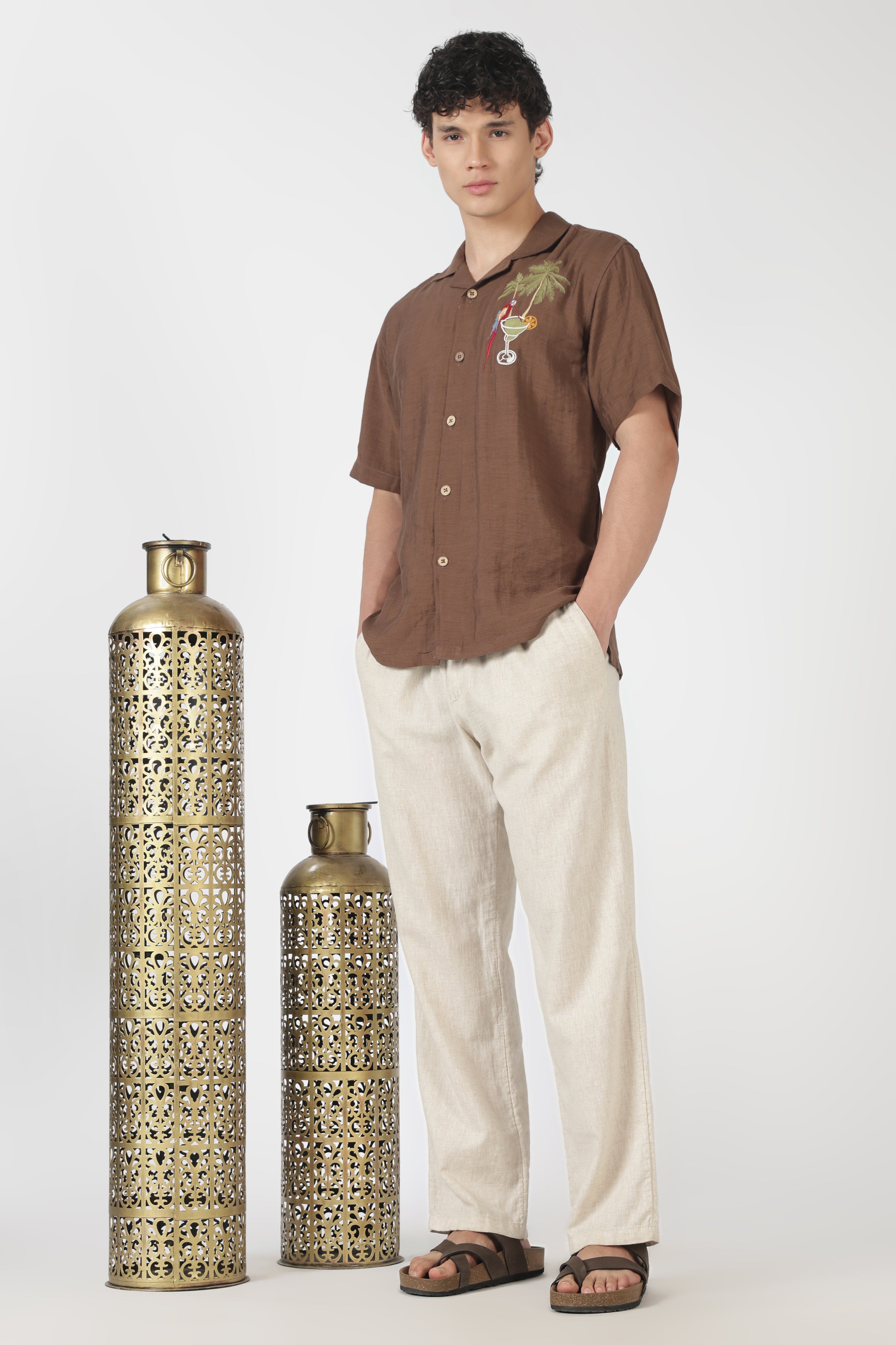 Macaw Tropical Drink Cotton Box Fit Brown Embroidered Shirt