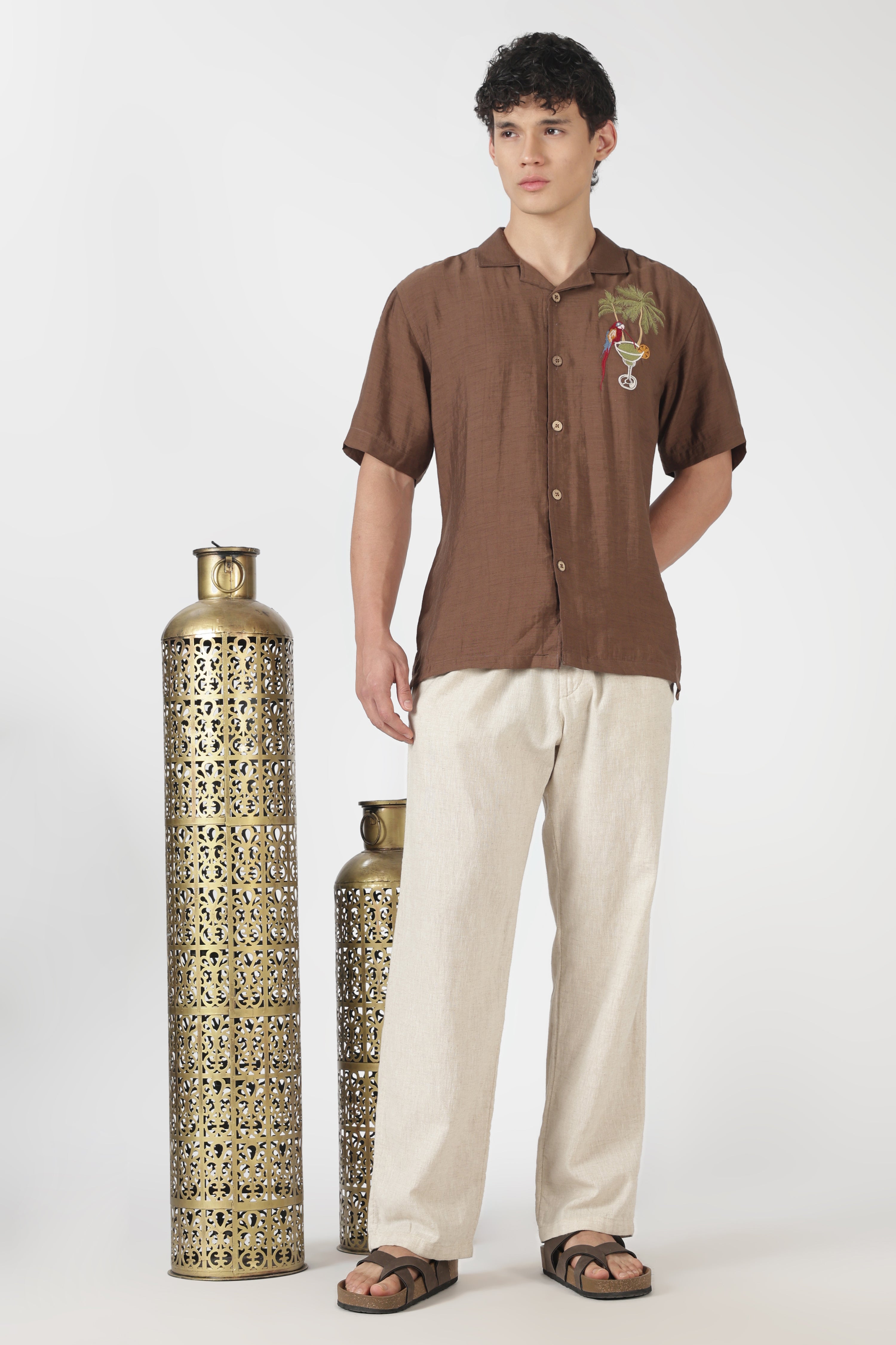 Macaw Tropical Drink Cotton Box Fit Brown Embroidered Shirt
