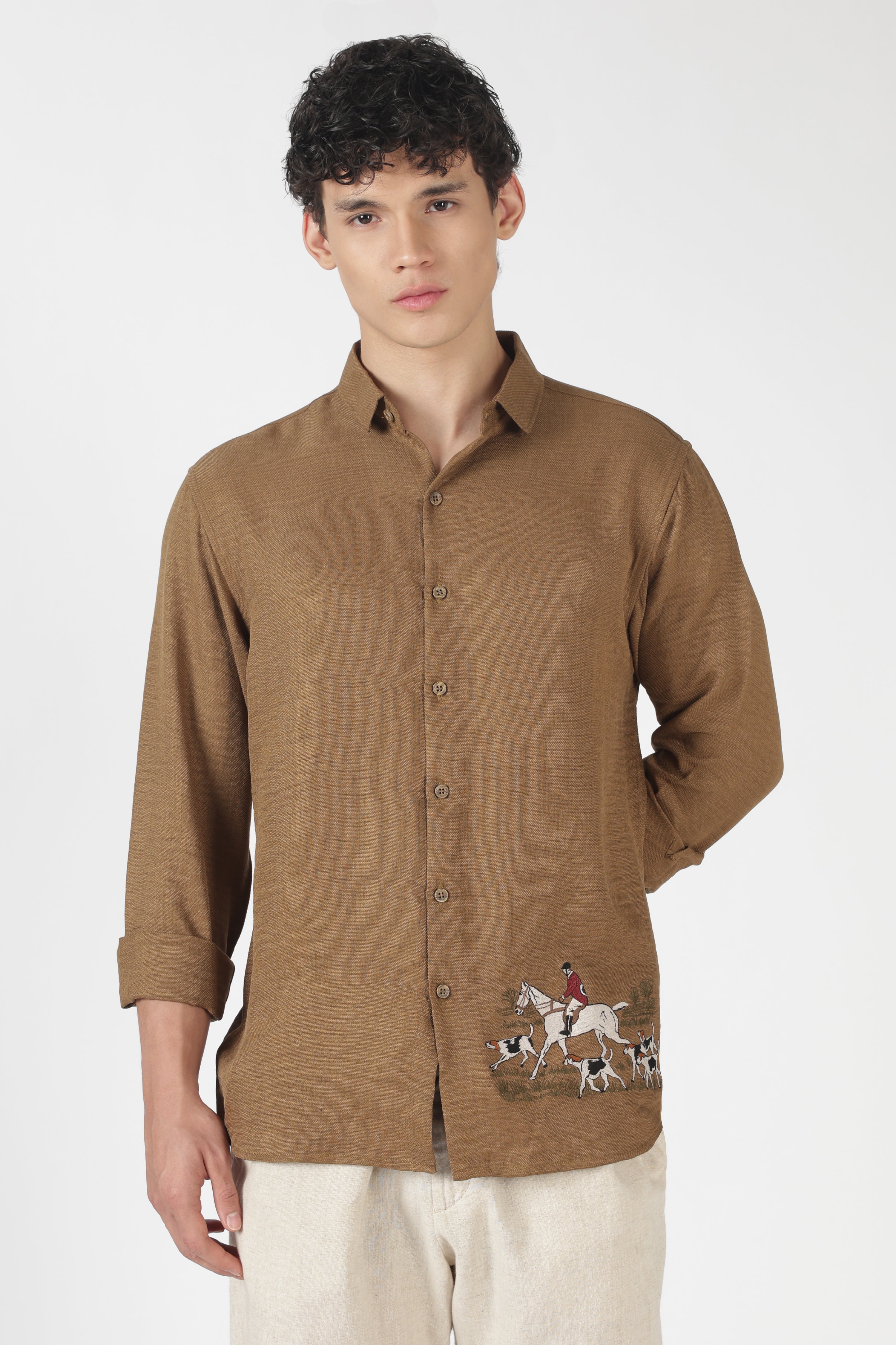 Saddle Equestrian Cotton Regular Fit Brown Embroidered Shirt