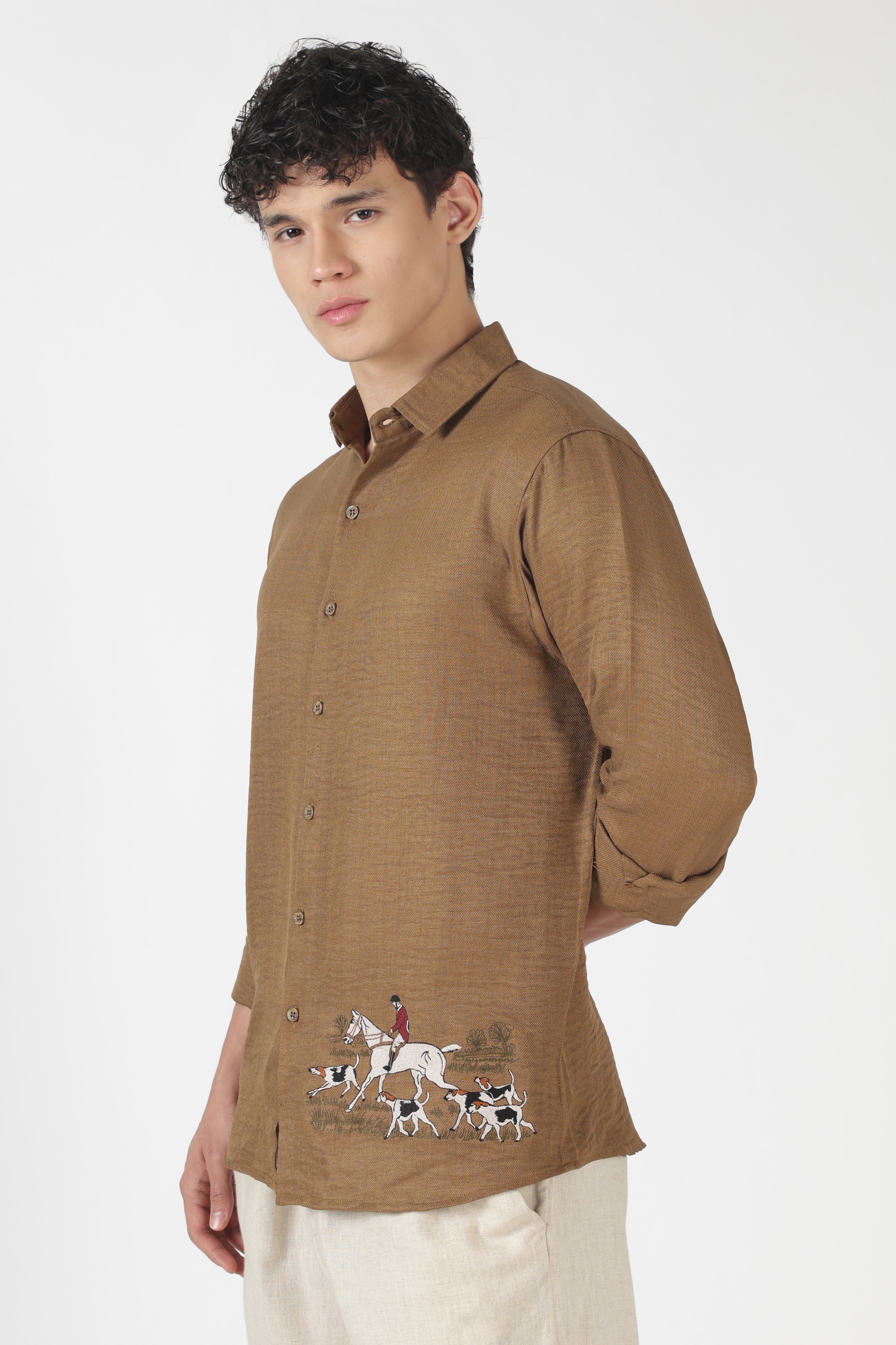 Saddle Equestrian Cotton Regular Fit Brown Embroidered Shirt