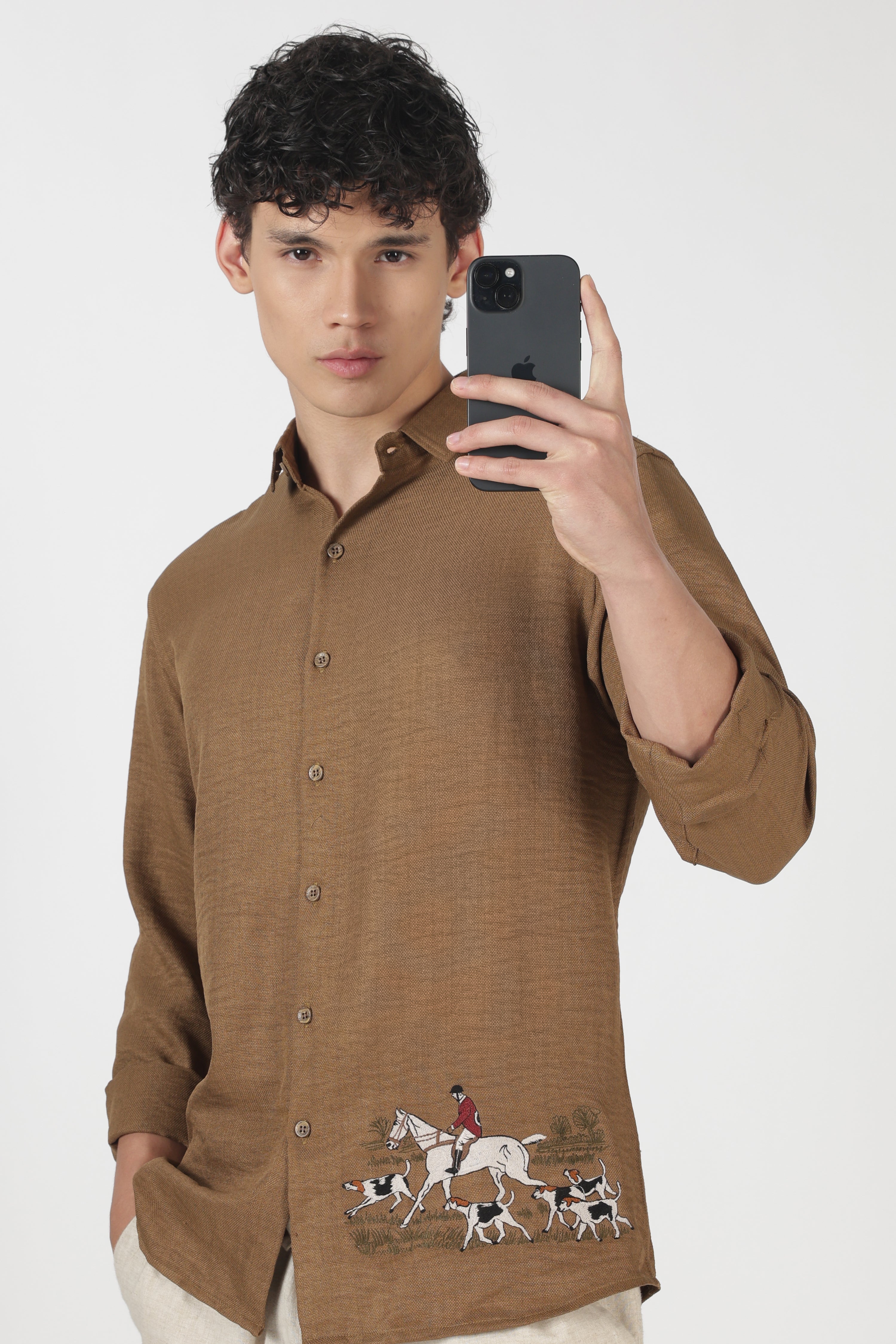 Saddle Equestrian Cotton Regular Fit Brown Embroidered Shirt