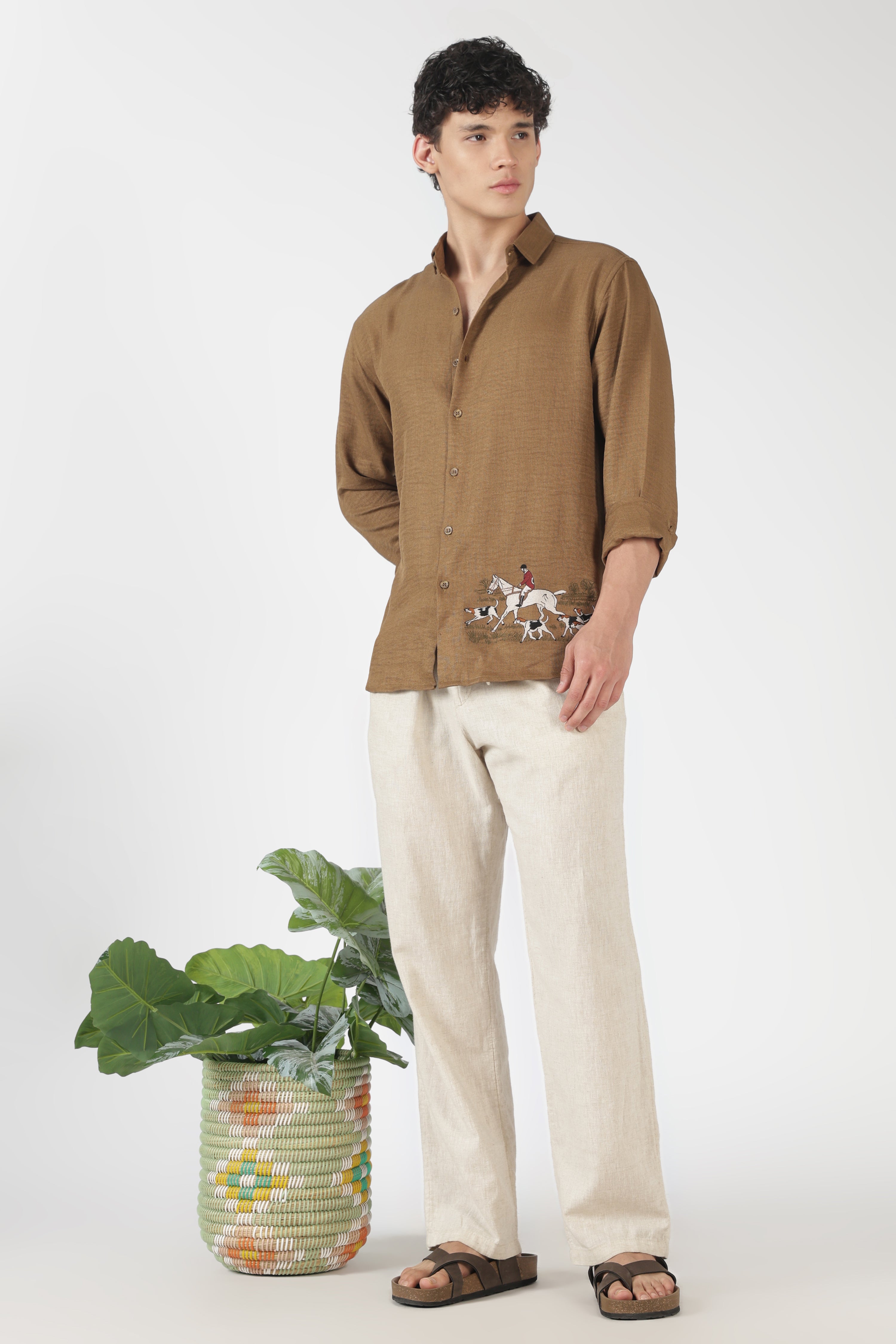 Saddle Equestrian Cotton Regular Fit Brown Embroidered Shirt