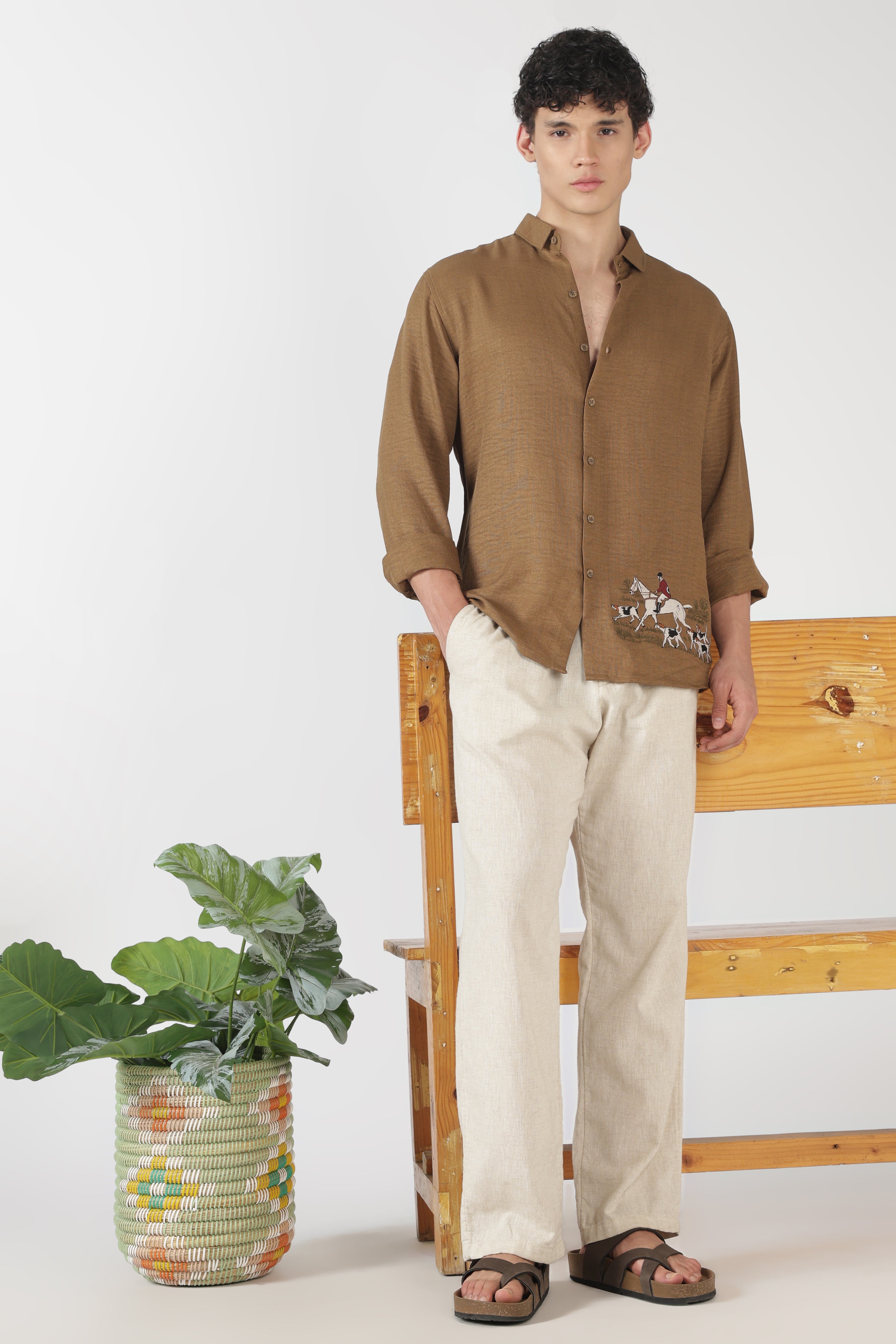 Saddle Equestrian Cotton Regular Fit Brown Embroidered Shirt