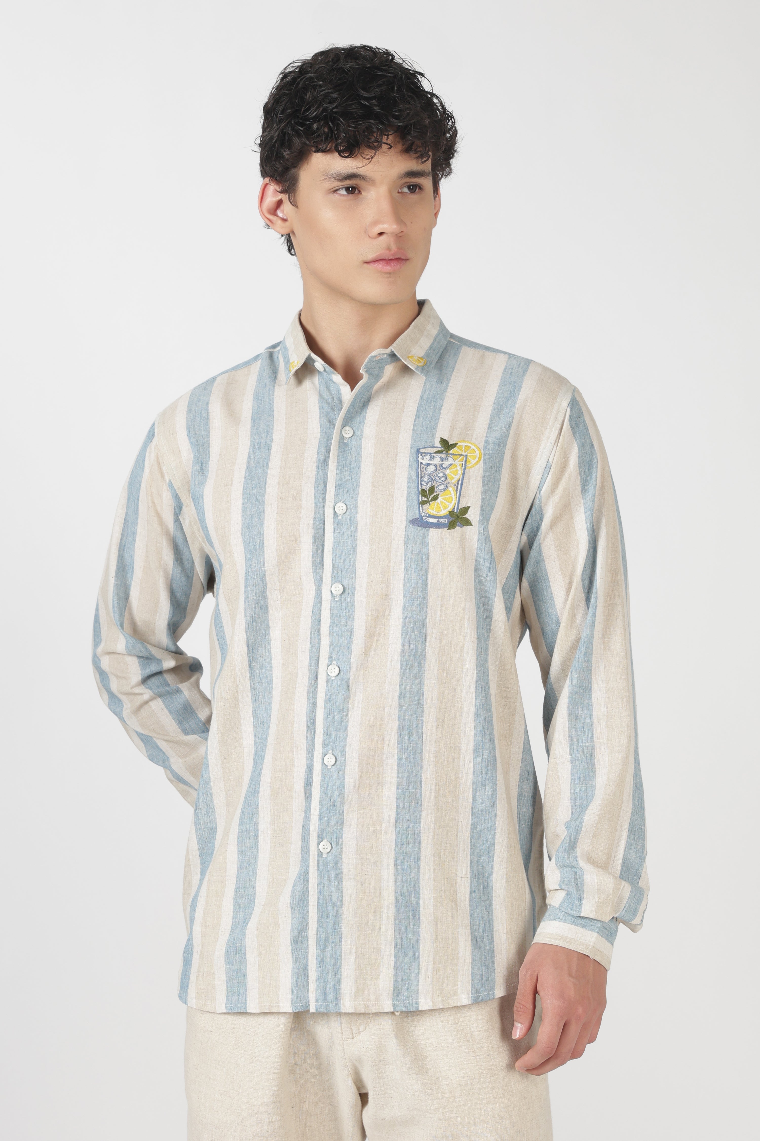 Lemon Cooler Cotton Regular Fit Sky Blue Embroidered Shirt