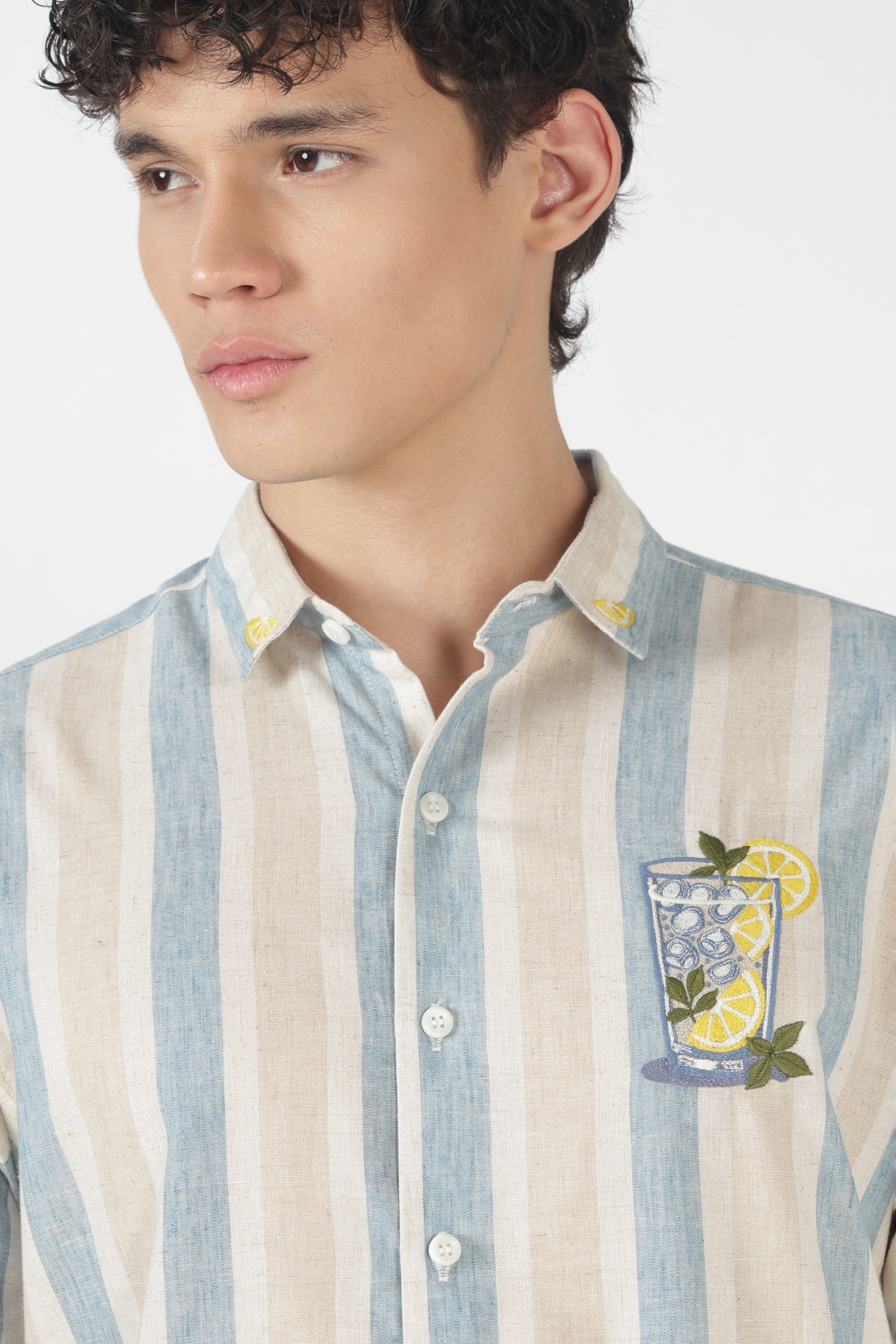 Lemon Cooler Cotton Regular Fit Sky Blue Embroidered Shirt