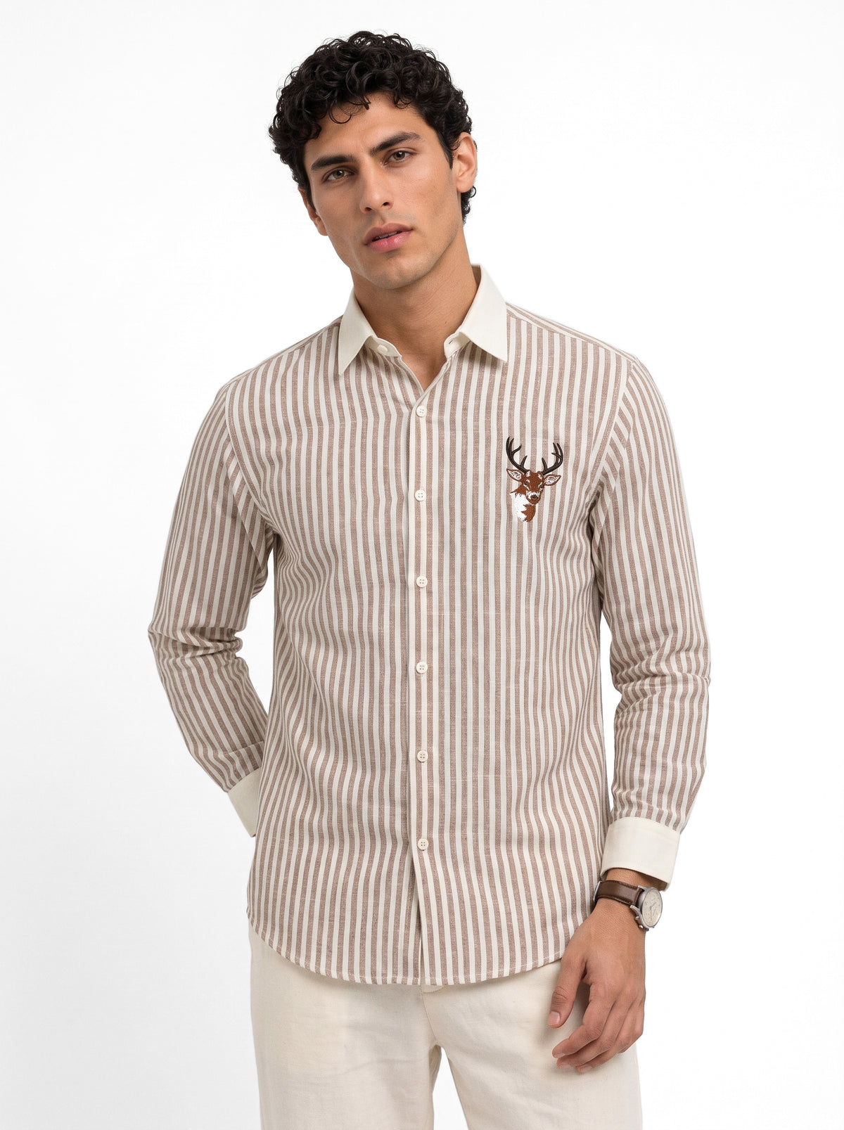 Stag Crest Cotton Regular Fit Brown Striped Embroidered Shirt