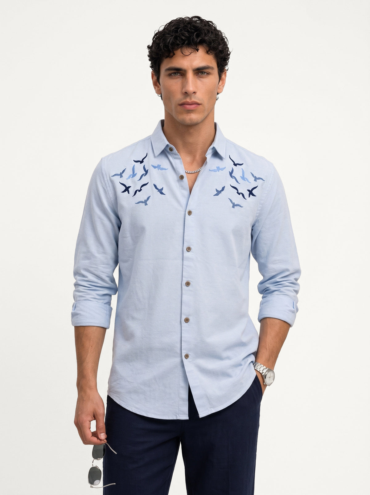 Internet's Viral Cotton Regular Fit Blue Embroidery Shirt
