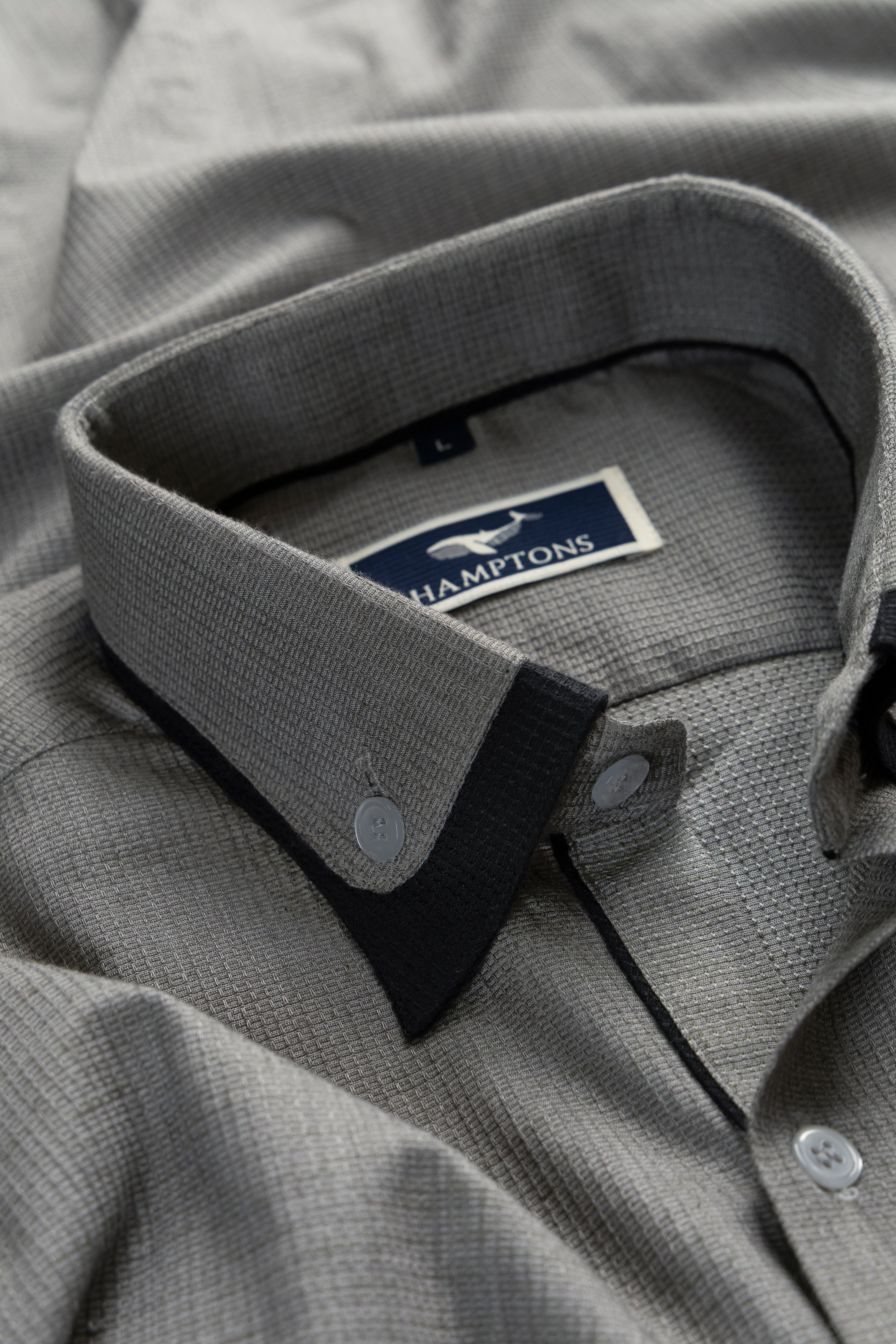 Midnight Grey Grid–Tonal Buttons With Contrast Collar Shirt