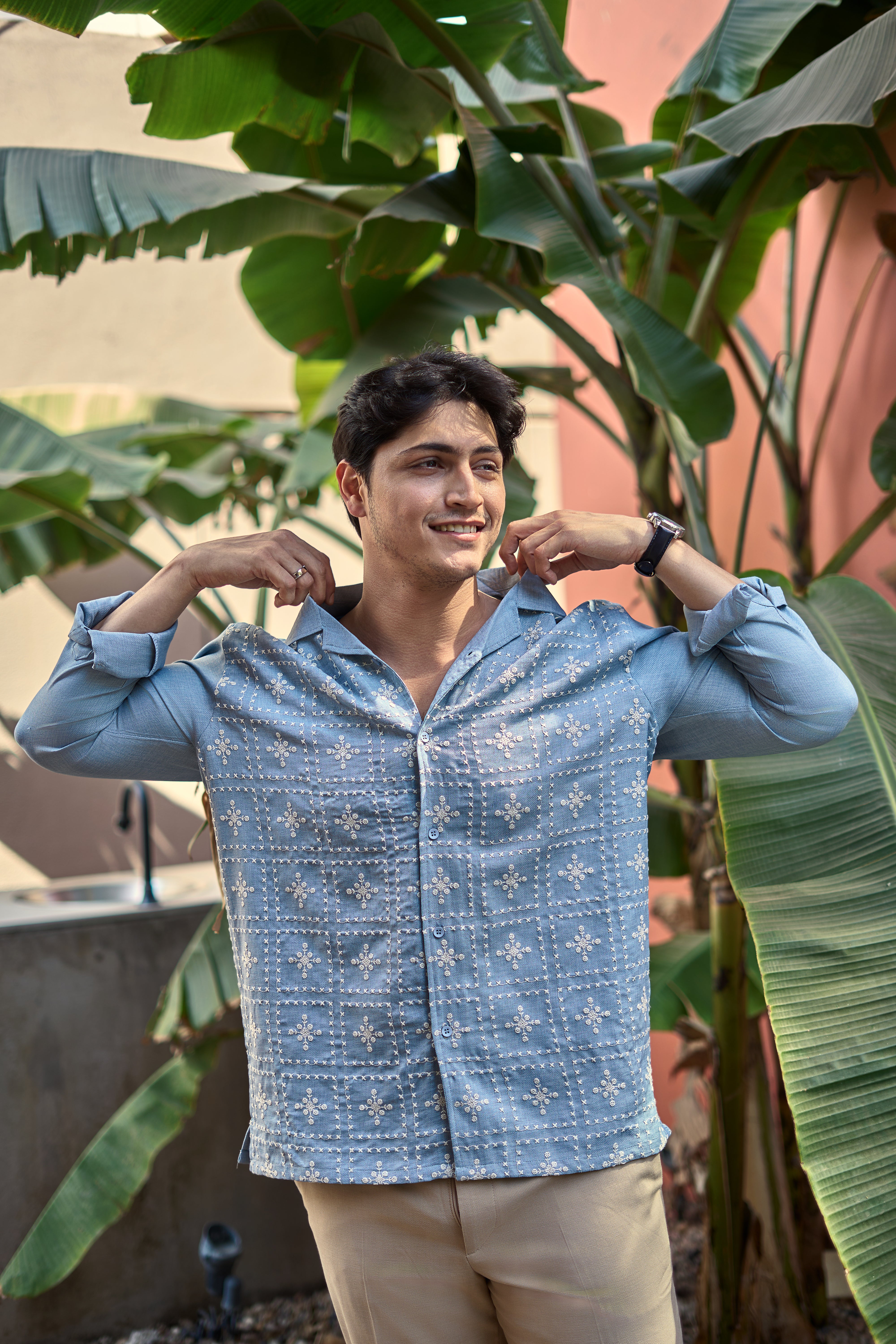 River Blue All Over Cotton Box Fit Blue Embroidered Shirt