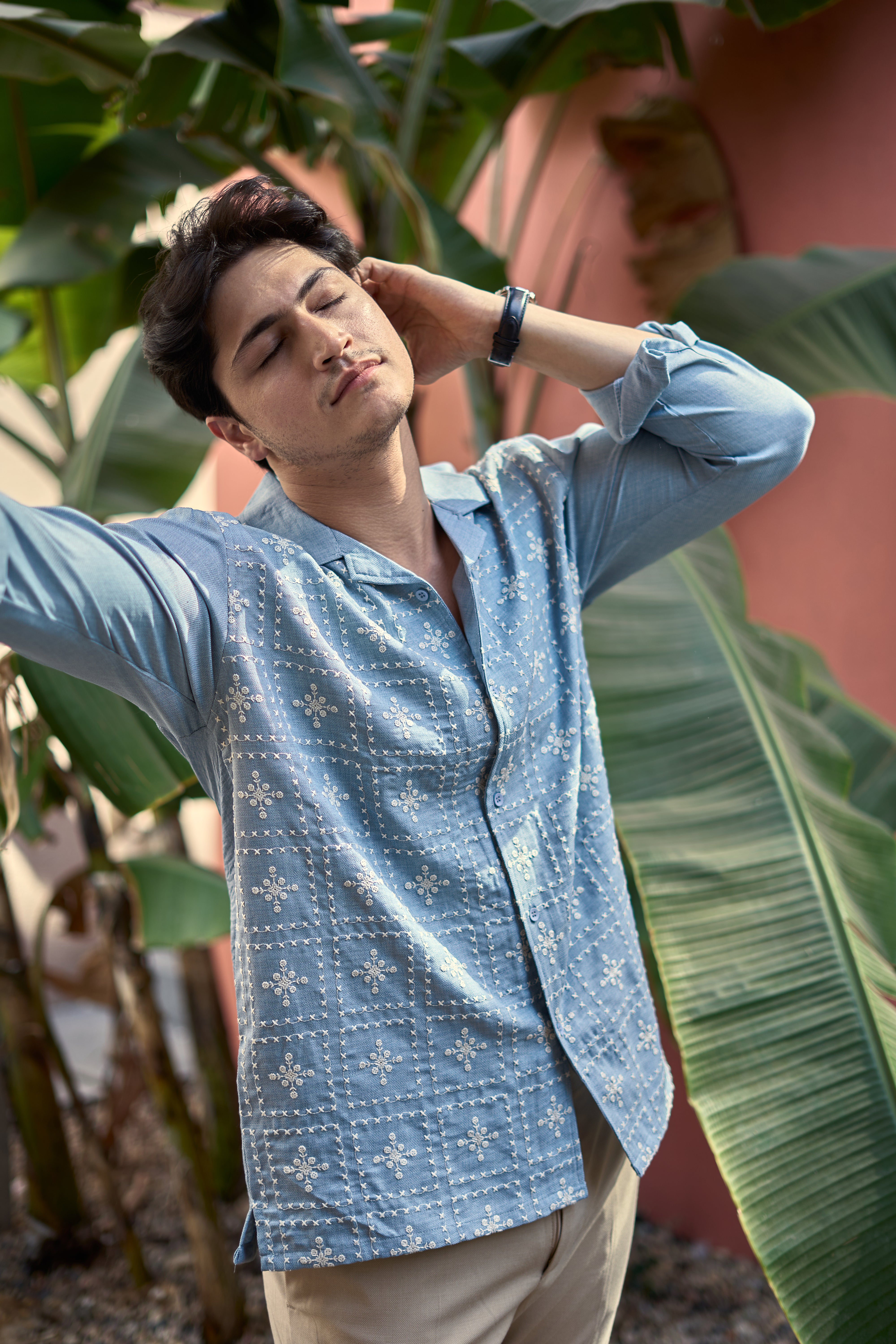 River Blue All Over Cotton Box Fit Blue Embroidered Shirt