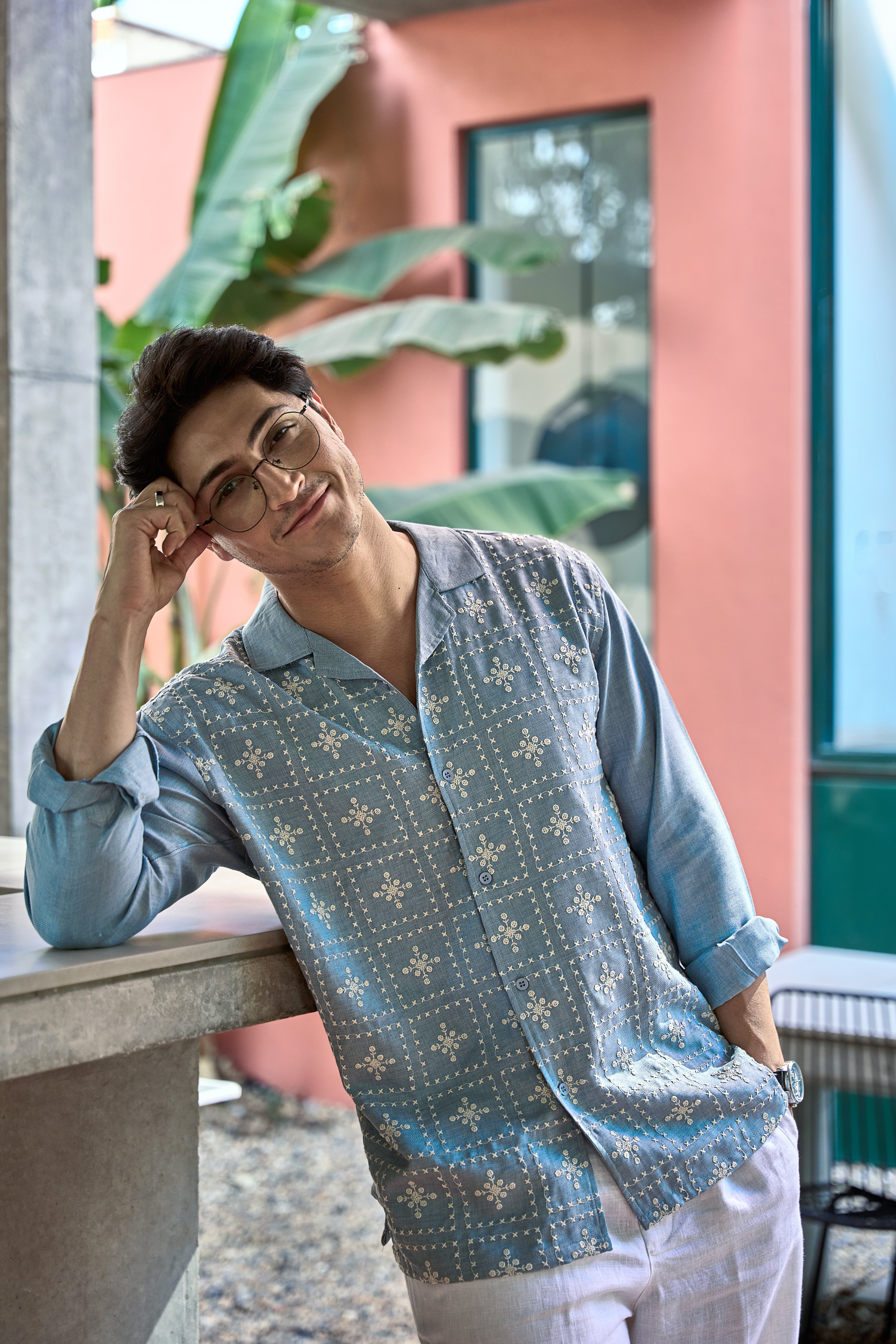 River Blue All Over Cotton Box Fit Blue Embroidered Shirt